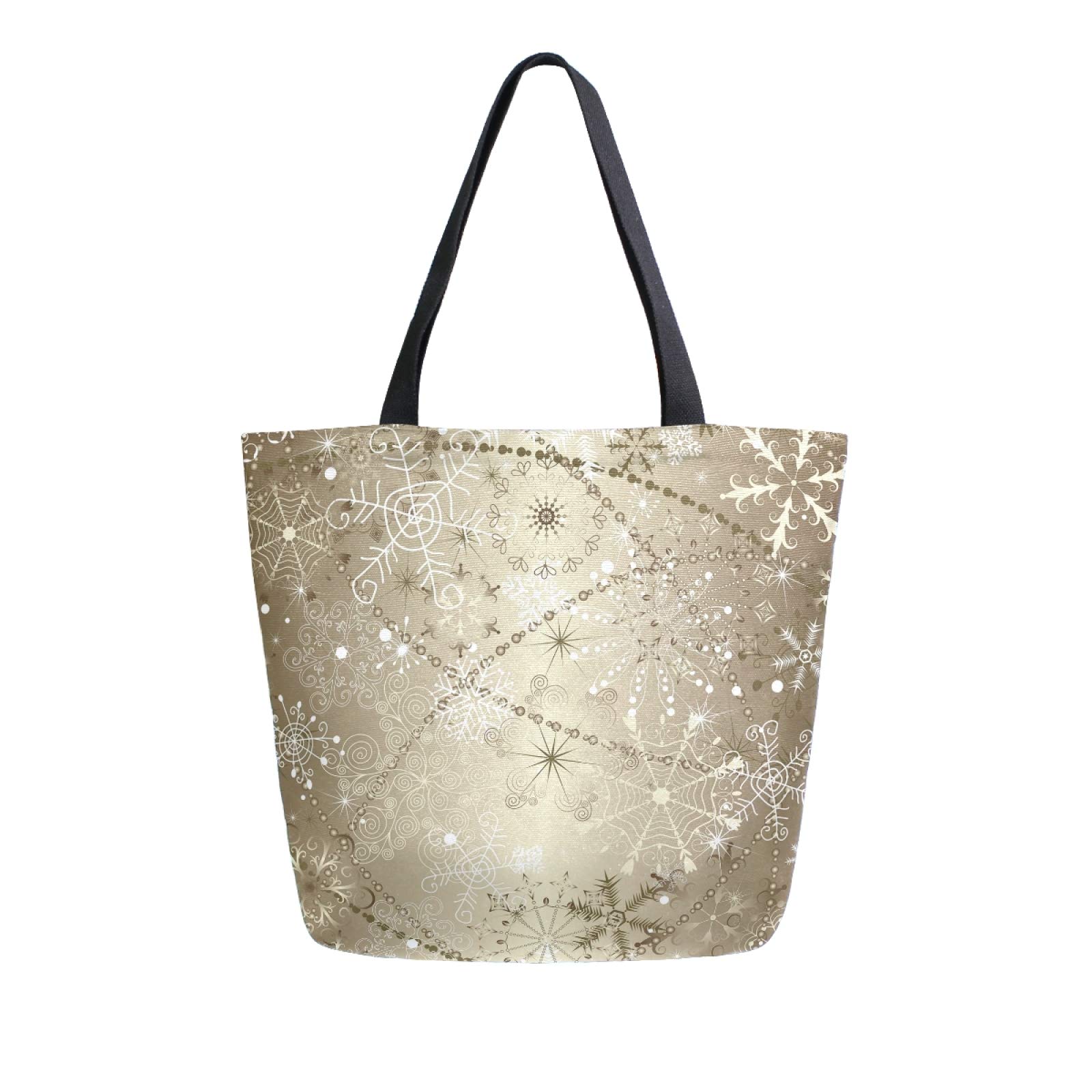 Golden Christmas Snowflake Reusable Canvas Tote Bag - Large Eco-Friendly Grocery Shopping Bag for Women, Durable Shoulder Handbag for Travel, Outdoors & Holiday Shopping