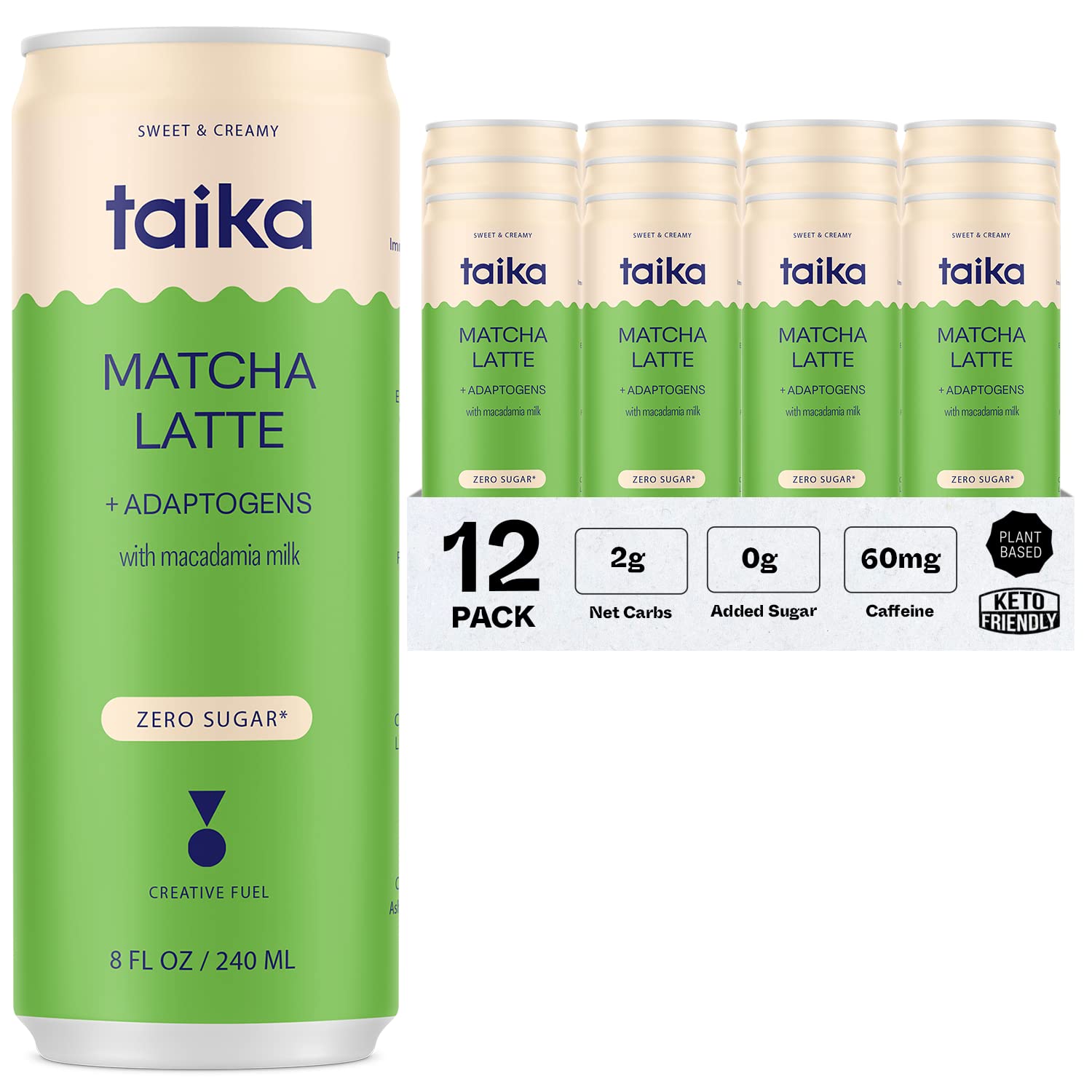 Organic Ceremonial Grade Matcha Latte with Ashwagandha - Taika Iced Matcha Latte, 8 Fl Oz (Pack of 12) | Perfect for Energy Boost, Focus & Relaxation at Work, Gym or Home
