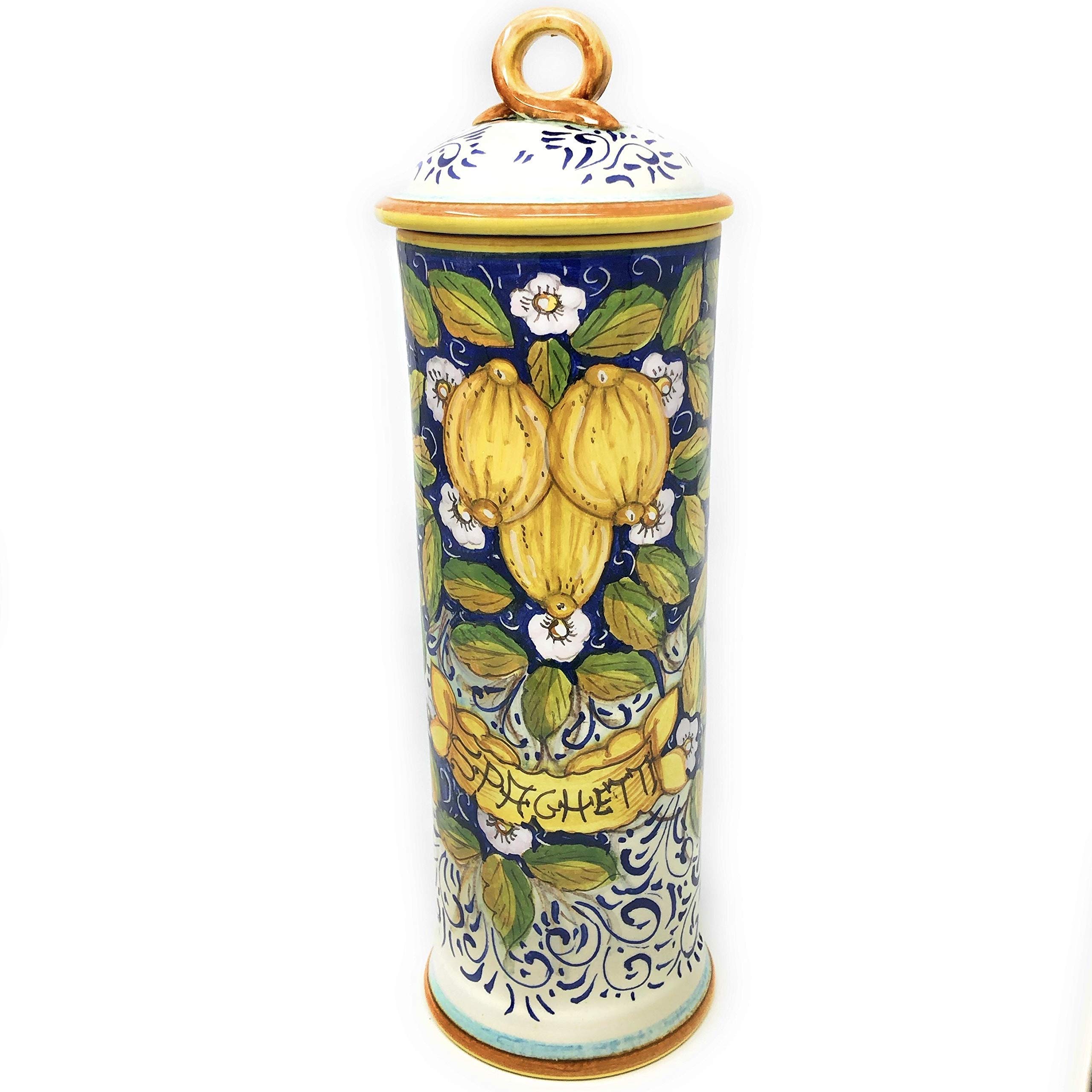 Italian Ceramic Pasta Spaghetti Canister - Hand Painted Lemon Pattern - Tuscan Florence Style - Made in Italy - Perfect for Kitchen Storage & Italian Decor