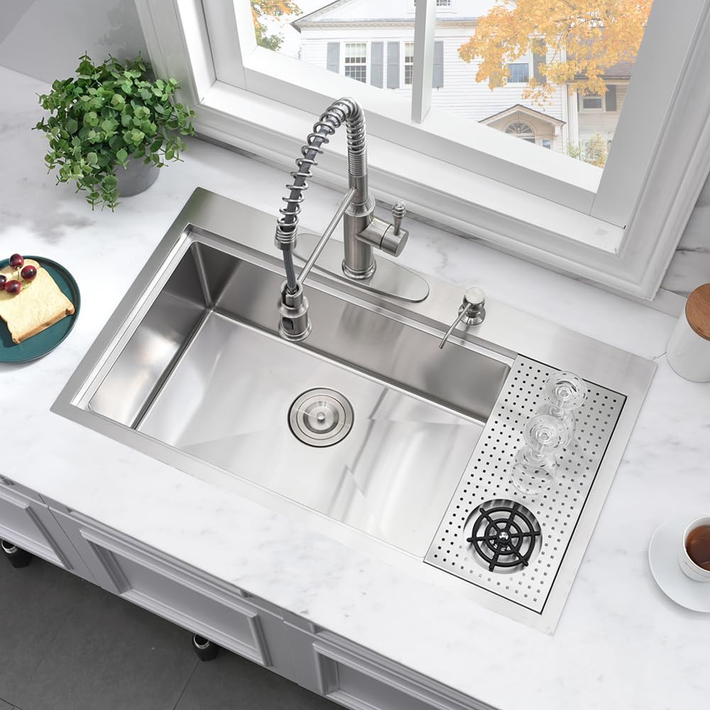 Bokaiya 33x19 Drop In Kitchen Sink with Glass Rinser & Cup Washer - 16 Gauge Stainless Steel Deep Single Bowl Workstation for Modern Kitchens