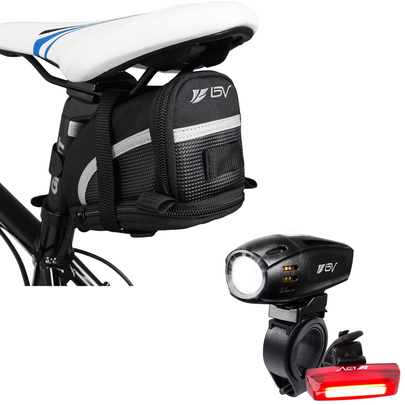 BV Large Bike Saddle Bag with Rechargeable Bike Light - Waterproof Cycling Storage & Safety Light for Mountain Bikes, Road Bikes - Perfect for Commuting, Night Riding & Outdoor Adventures