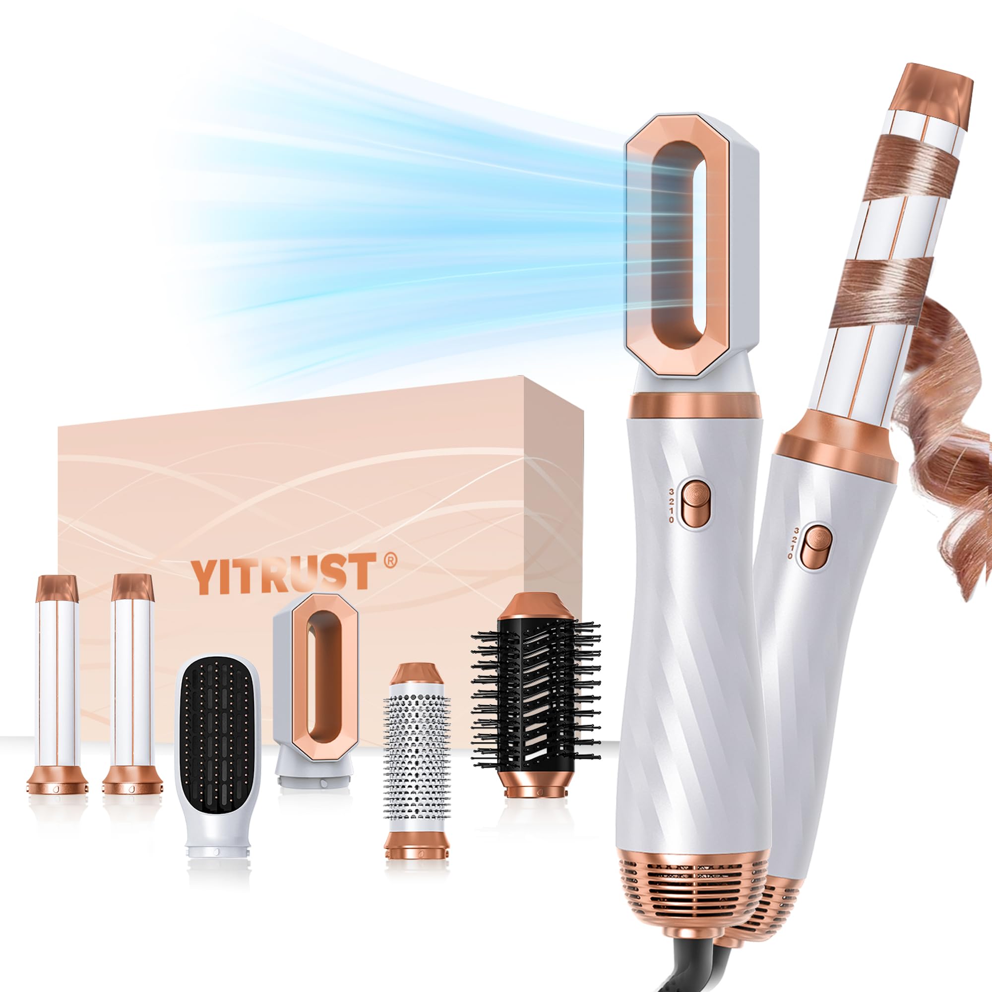 6-in-1 Detachable Hair Dryer Brush & Hot Air Styler with Negative Ions - Blow Dryer, Curling Iron, Air Curler for Smooth, Voluminous Hair - Perfect for Home Use, Travel & Professional Styling