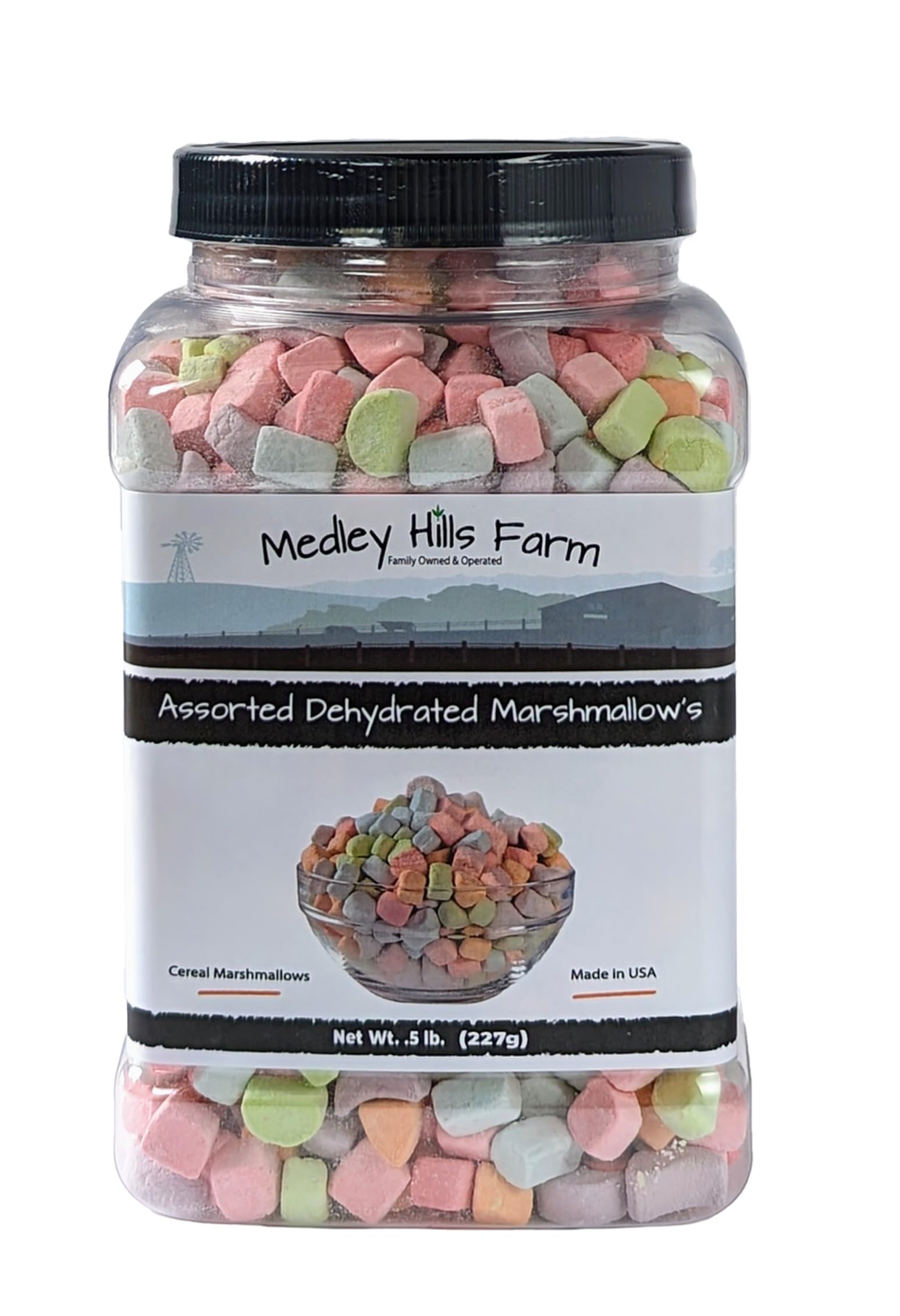 Medley Hills Farm Assorted Dehydrated Marshmallows in Reusable Container - Perfect for Cereal, Baking & Camping Snacks