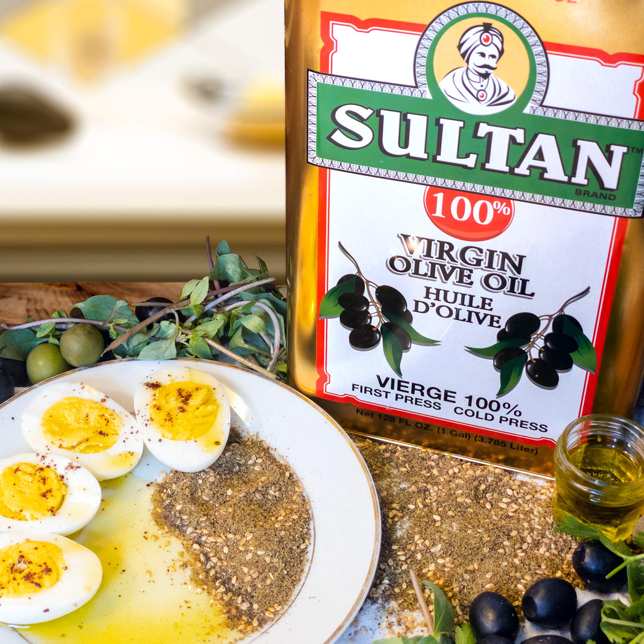 Premium Sultan Virgin Olive Oil - First Cold Pressed, 100% Pure, No Additives, No Preservatives, Cholesterol Free - 128 Fl Oz (1 Gallon) - Perfect for Cooking, Salad Dressing & Healthy Recipes