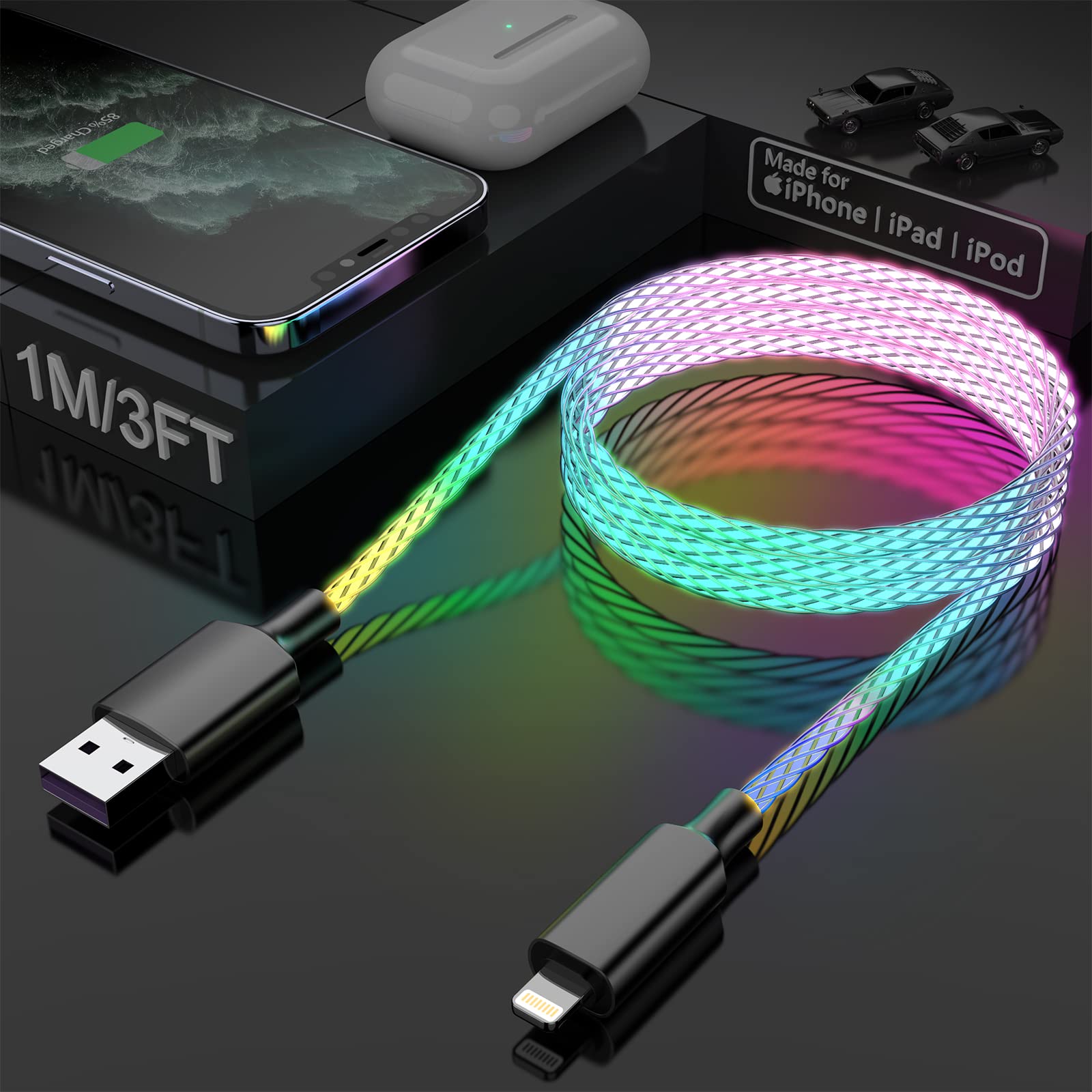 Apple 20W Fast Charging LED Lightning Cable - 3FT MFi Certified USB to Lightning Data Sync Cable for iPhone 13/12/11/X/8/7, iPad & CarPlay | Quick Charge & Nighttime Visibility | Perfect for Home, Office & Car Use