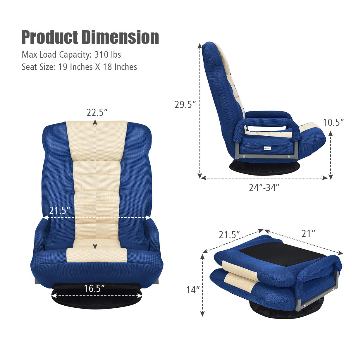 GOFLAME 360 Degree Swivel Gaming Floor Chair - Adjustable 6-Position Backrest & Armrest - Foldable Lazy Sofa Lounger for Adults - Perfect for TV Watching, Reading, Video Games & Home Office (Blue/Beige)