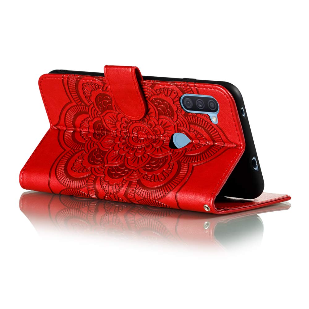 Premium PU Leather Mandala Embossed Flip Wallet Case for Samsung Galaxy A11 - Shockproof Protective Cover with Card Holder & Kickstand (Mandala Red) | Perfect for Work, Travel & Everyday Use