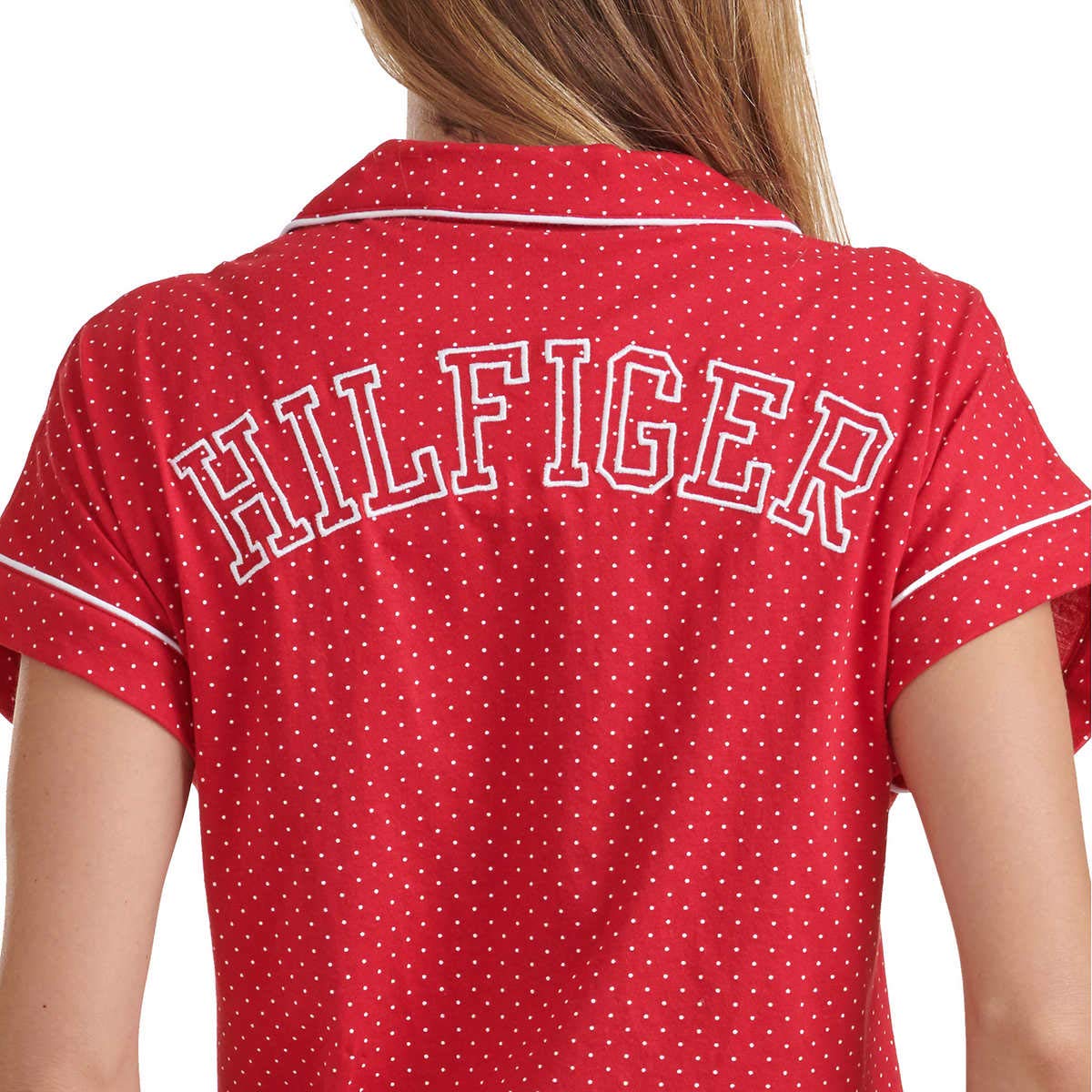 Tommy Hilfiger Women's 2-Piece Pajama Shorts Set - Classic Red Dot Print, Size Large | Soft Sleepwear for Lounge & Vacation | Cozy Nightwear for Summer Nights