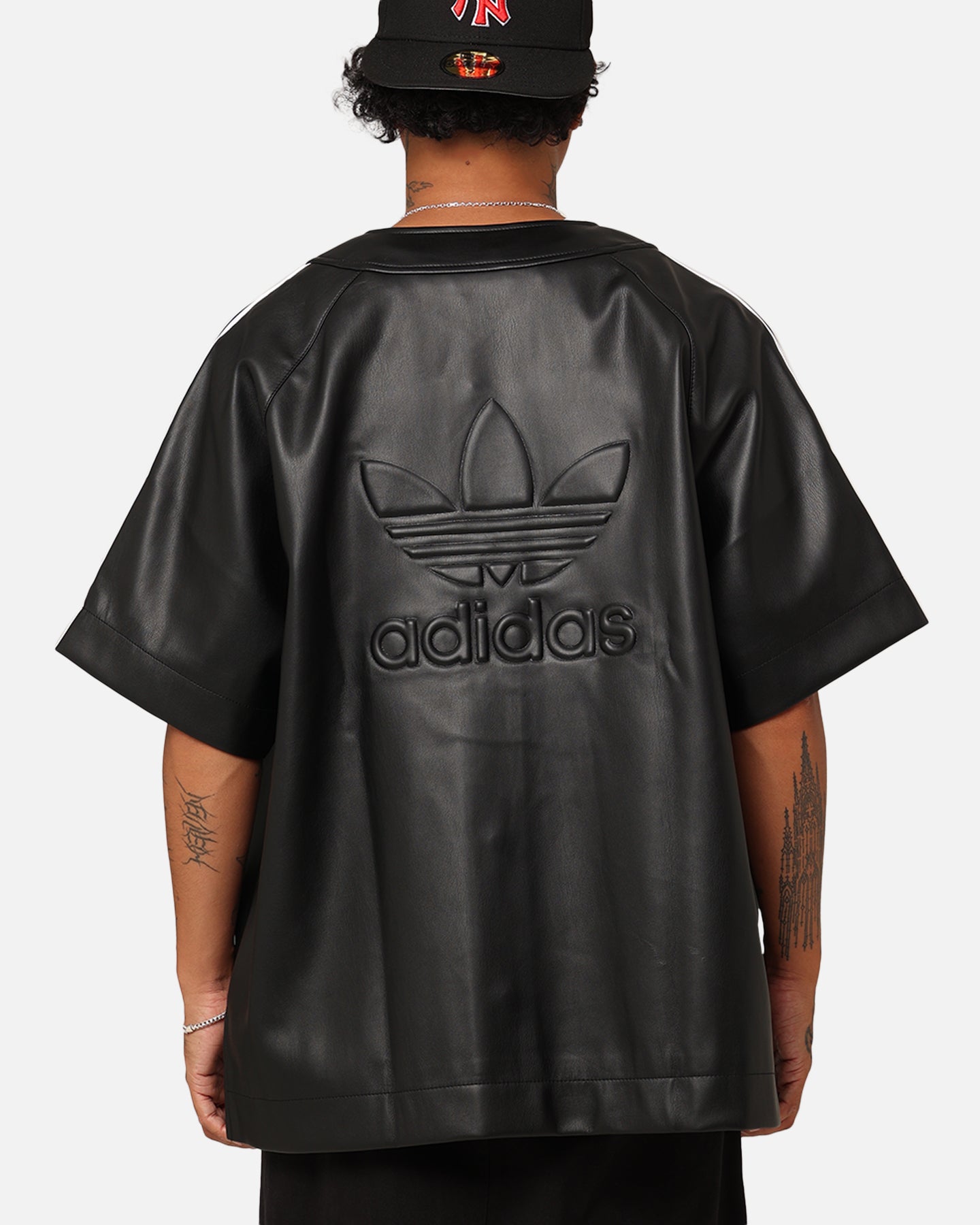 Adidas Faux Leather Adicolor 3 Stripes Baseball T-Shirt for Men - Black Casual Shirt for Streetwear, Sports & Everyday Outfits