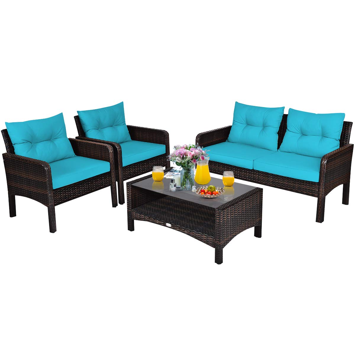 Tangkula 4-Piece Outdoor Patio Furniture Set - All-Weather Wicker Sofa Set with Glass Top Coffee Table & Thick Cushions - Turquoise Conversation Set for Porch, Garden, Poolside, Lawn & Backyard Relaxation
