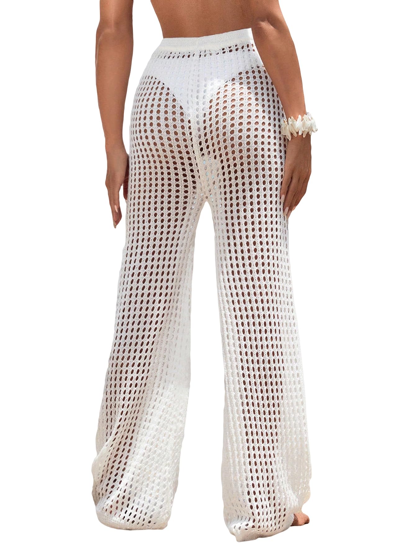 Women's Beach Cover Up Pants - Hollow Out Design, Drawstring High Elastic Waist, Swimsuit Cover Up - Perfect for Poolside, Vacation & Summer Outfits