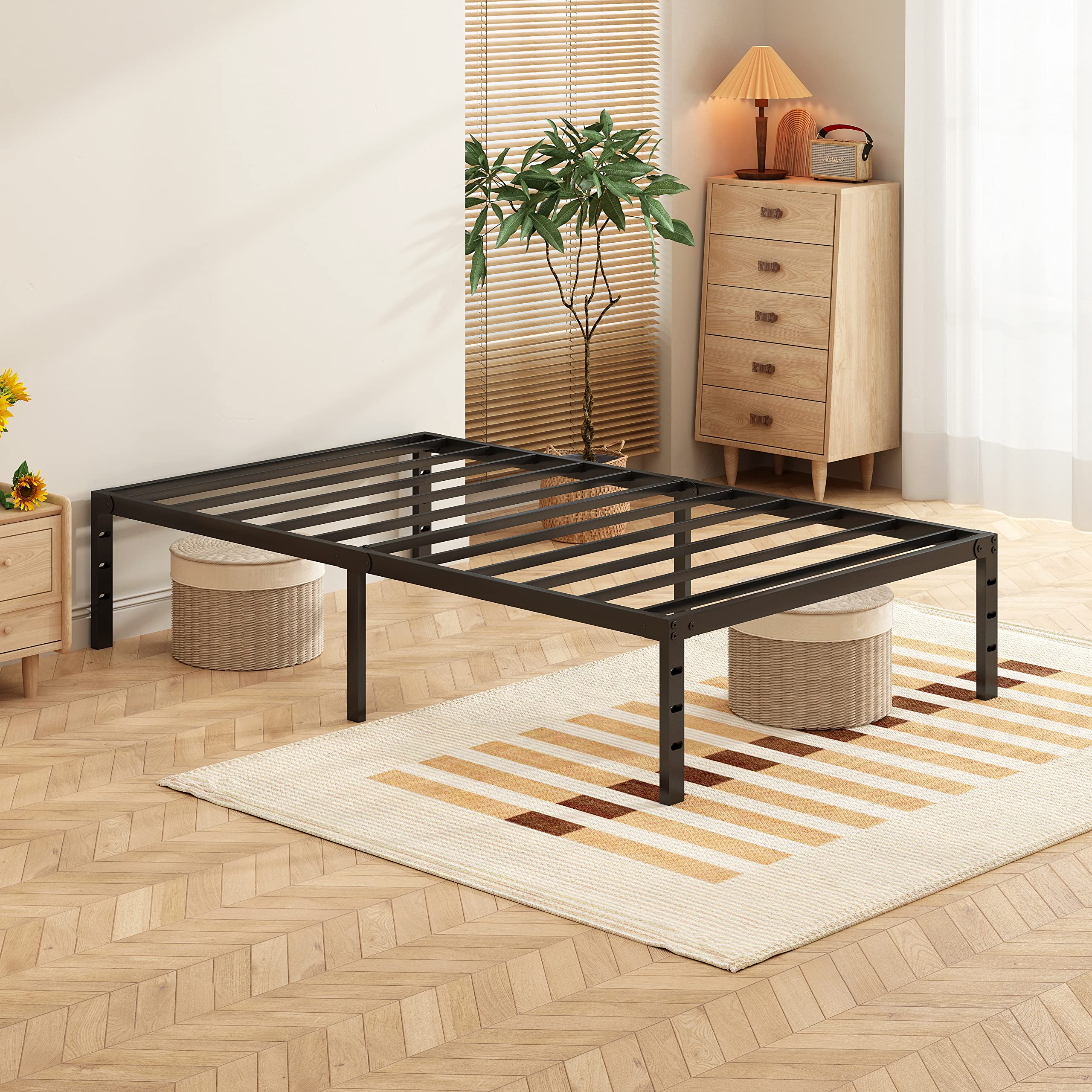 Sturdy 14 Inch Black Reinforced Metal Bed Frame with Steel Bar Support - Easy Assembly & Transport, Under Bed Storage Space - Perfect for Twin Beds in Dorms, Apartments & Guest Rooms