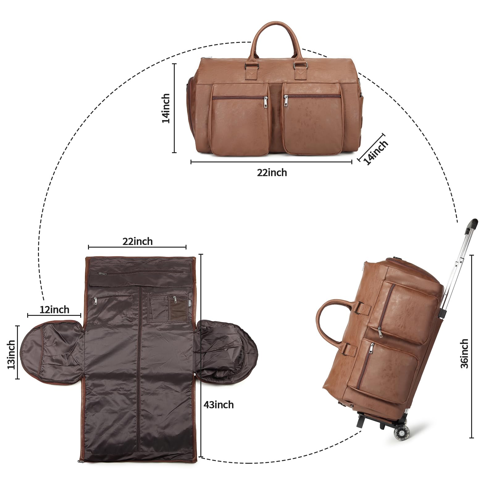 Convertible Rolling Garment Bag with Wheels - Duffle & Carry-On Luggage for Travel, Business Trips & Weekenders (Brown) | Perfect for Airplane, Train & Road Trips