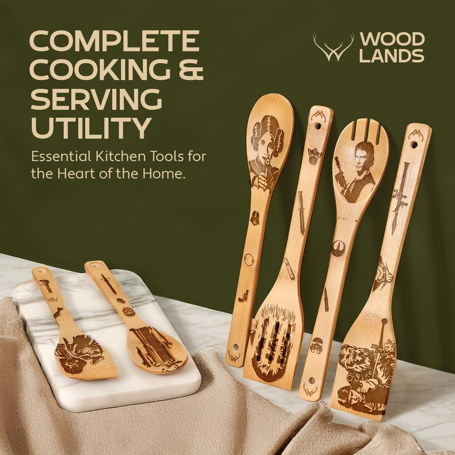Star Wars Kitchen Gifts Set - Wooden Spoons & Bamboo Utensils with Spatula for Cooking | Perfect Star Wars Themed Cooking Accessories for Fans & Home Chefs | Ideal for Baking, Meal Prep & Star Wars Themed Kitchens