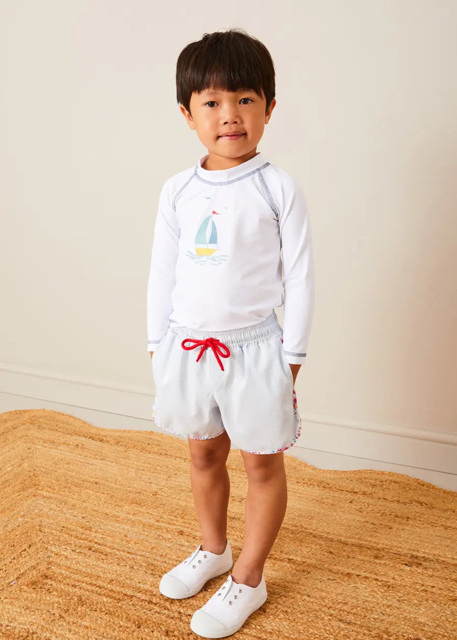 Blue Boat Motif Long Sleeve Rashguard for Kids 2-6 Years - UV Protection Swim Shirt for Beach, Pool & Water Sports