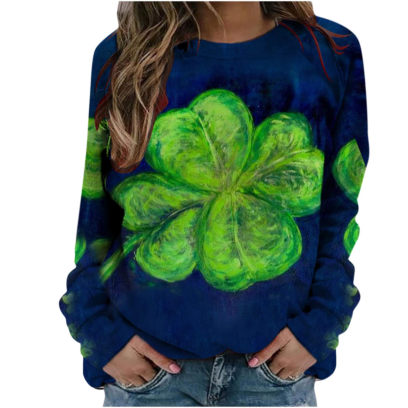 Women's Long Sleeve T-Shirt with Four-Leaf Clover Print - Casual Pullover Crew Neck Sweatshirt for Women | Perfect for Everyday Wear, Fall Outfits & St. Patrick's Day Celebrations