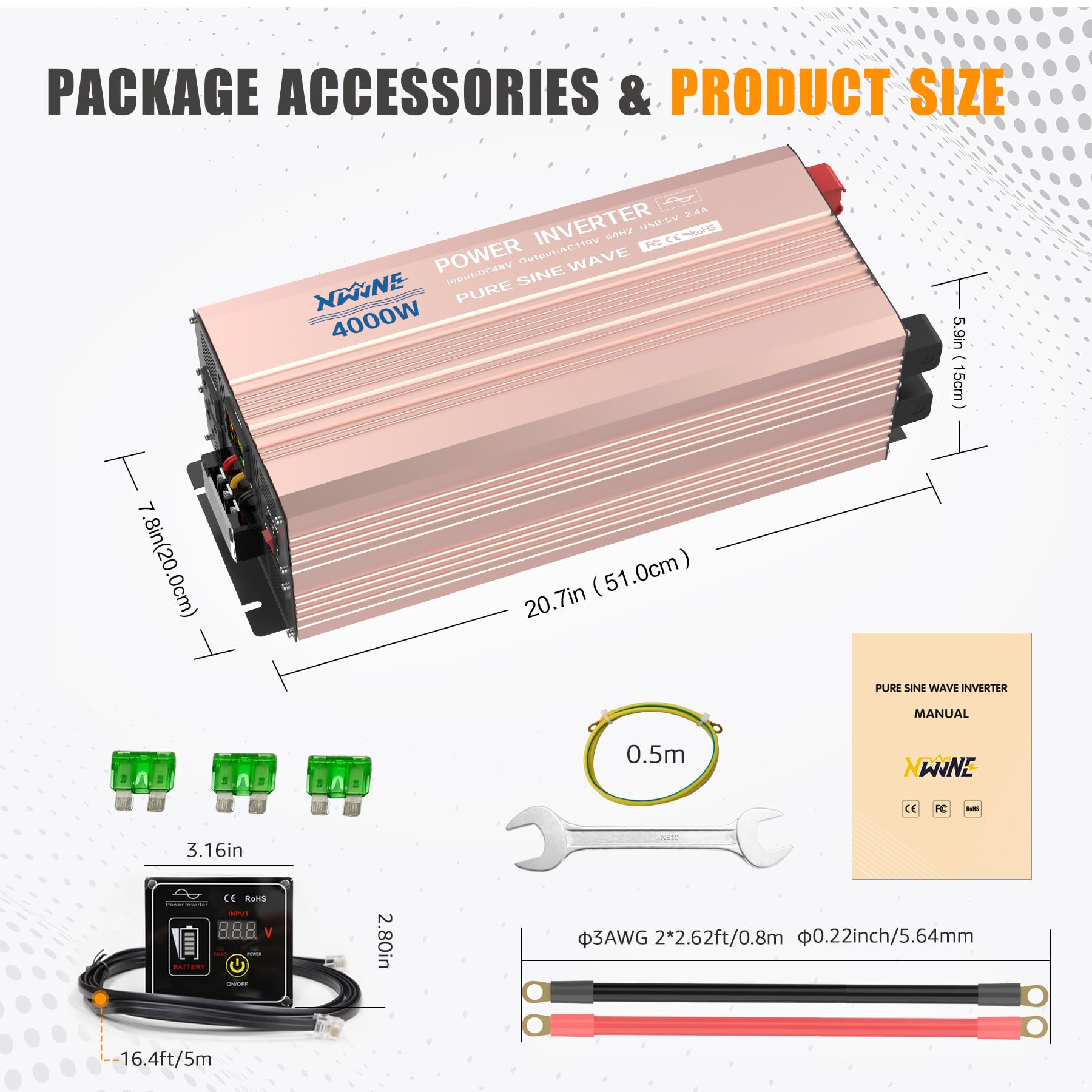 4000W Pure Sine Wave Power Inverter 48V DC to 120V AC with 8000W Peak, Remote Control, LED Display, 2 USB Ports & 3 AC Outlets - Perfect for RVs, Solar Systems, and Emergency Power Backup