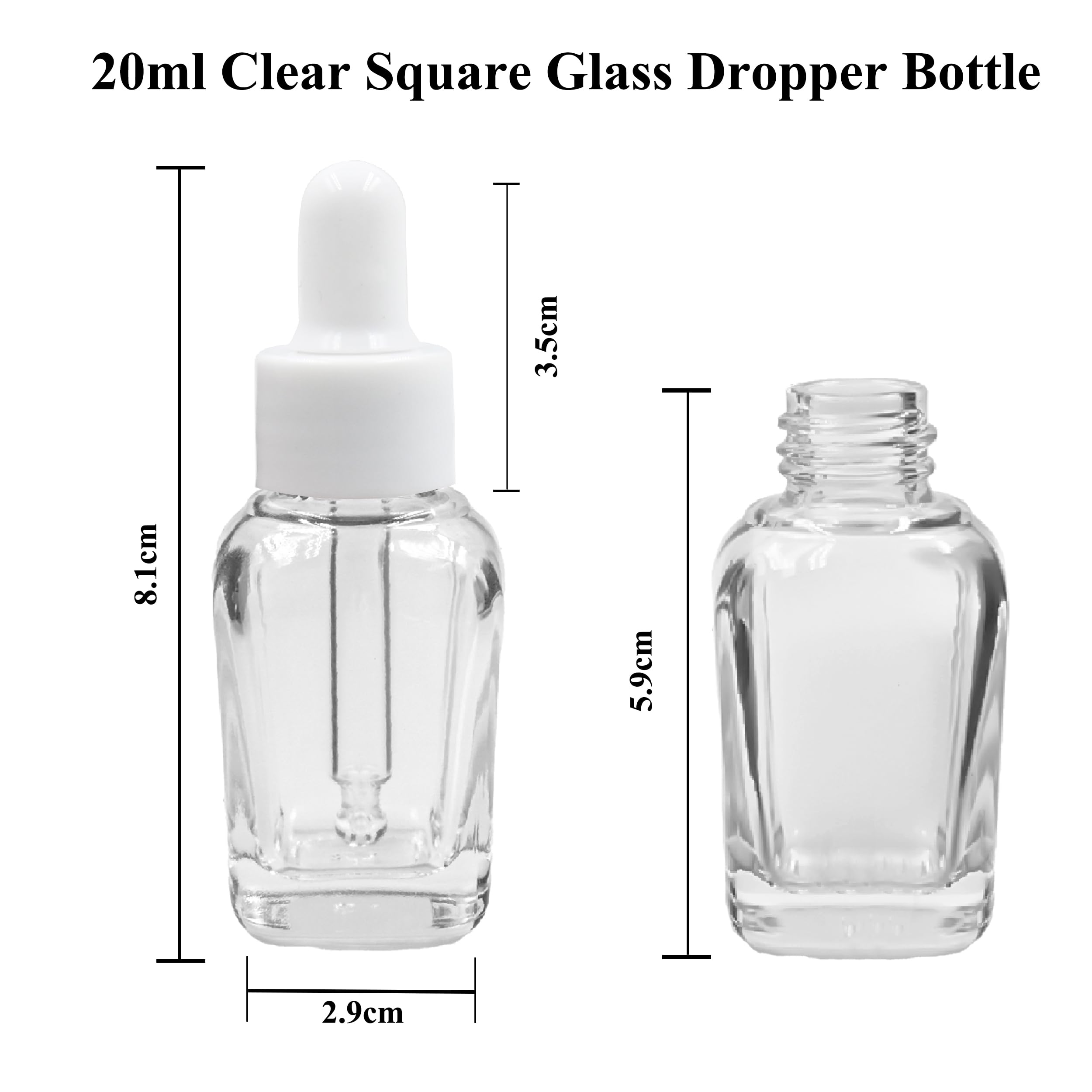 20ML Clear Square Empty Glass Bottle with Dropper & White Silicone Teat - Refillable, Leak Proof Essential Oil Container for DIY Perfumes, Serums & Aromatherapy - Perfect for Home Spa, Travel & Gift Packaging (Pack of 3)