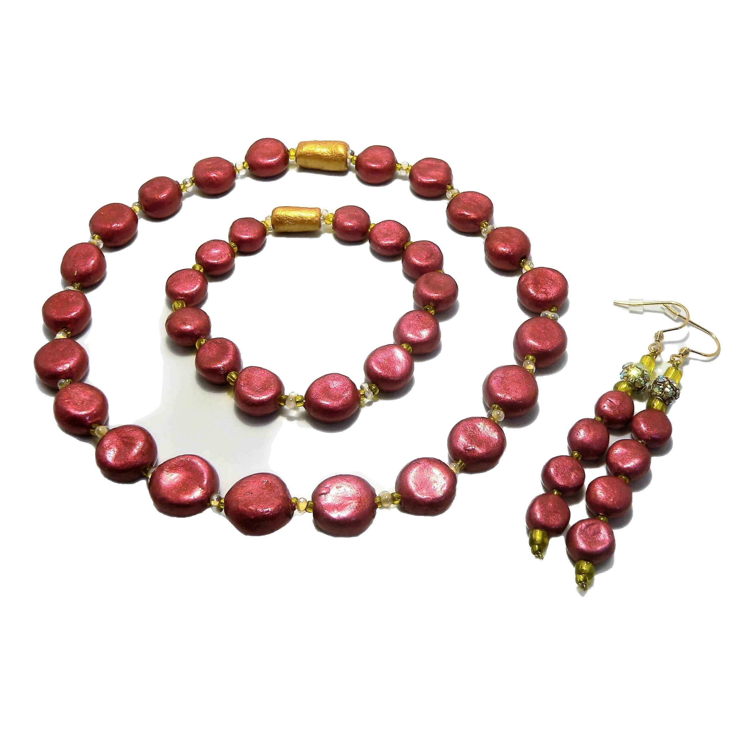 Elegant Red Ceramic Pearl Jewelry Set - Choker, Earrings & Bracelet for Women | Perfect for Parties, Weddings & Special Occasions