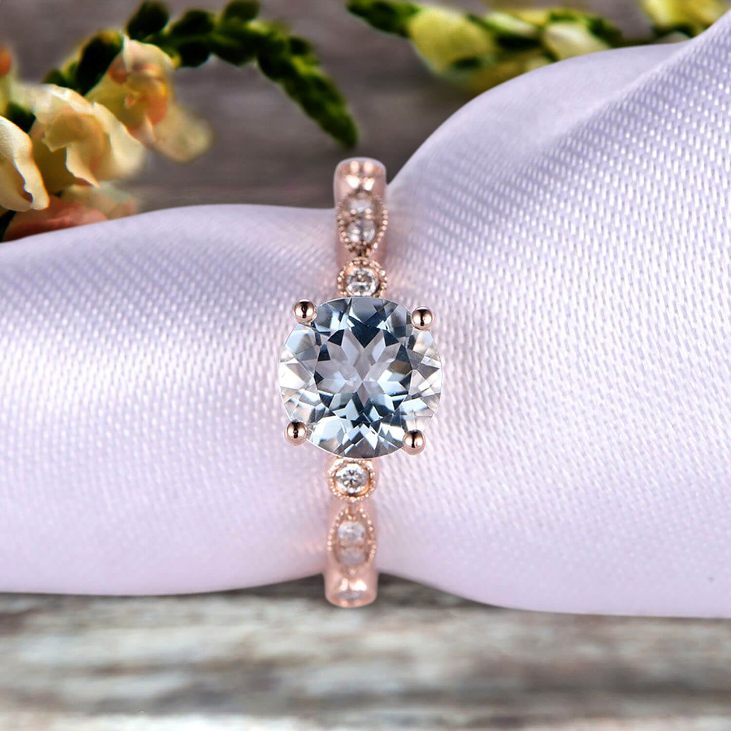 1.25 Carat Aquamarine Wedding & Engagement Ring - Round Cut Art Deco Style in 10k Rose Gold - Personalized Bridal Jewelry Gift for Anniversaries, Proposals & Special Occasions