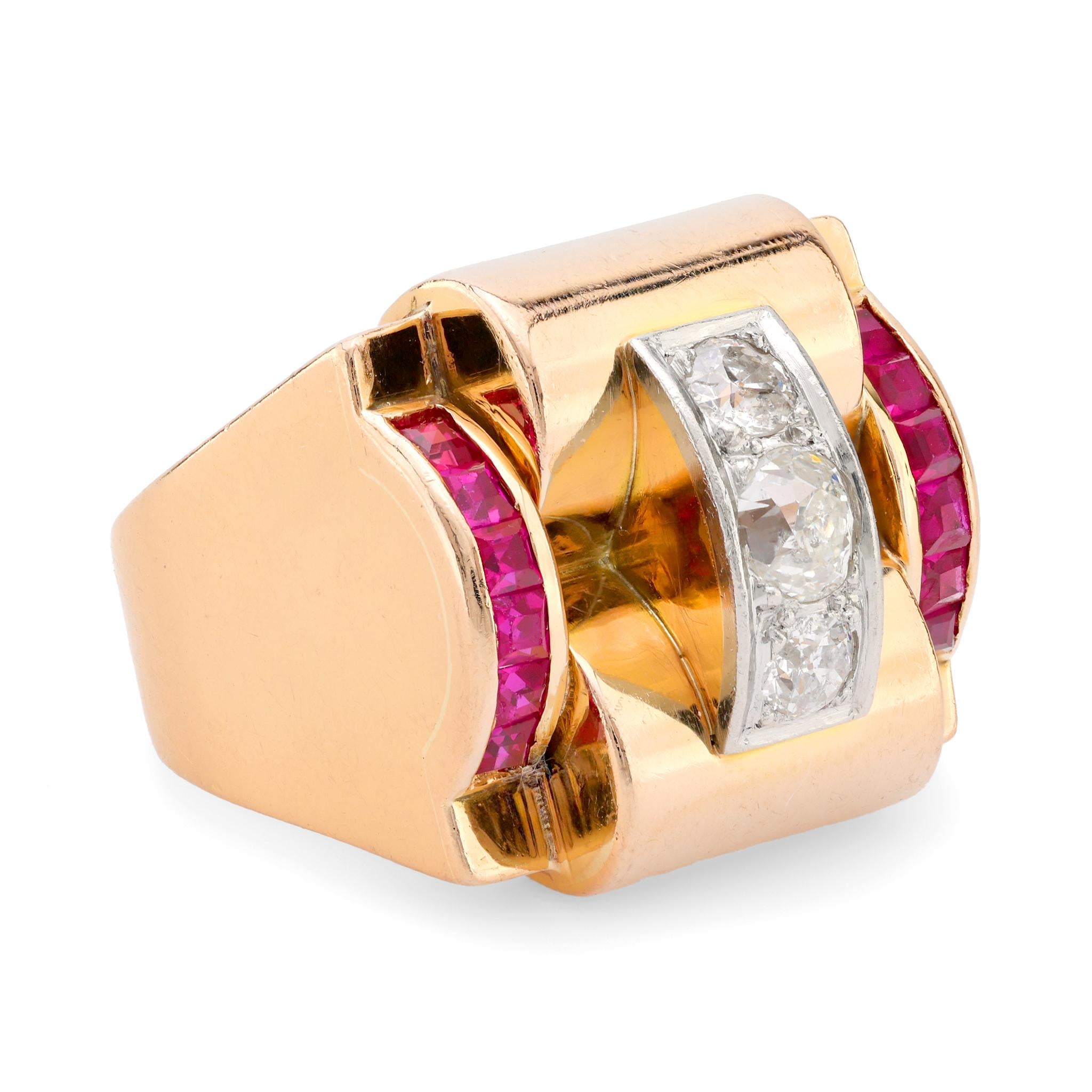 18K Rose Gold French Retro Diamond & Synthetic Ruby Tank Ring - Elegant Vintage Jewelry for Women, Perfect for Weddings, Anniversaries & Special Occasions