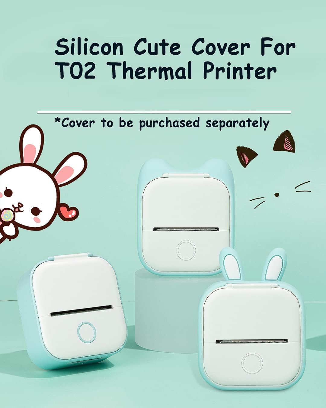 Memoqueen T02 Silicone Protective Case with Bunny Ears - Compatible with T02 Mini Sticker Printer, Portable Pocket Printer Cover in Green Bunny Design - Perfect for School, Office, Travel & DIY Projects
