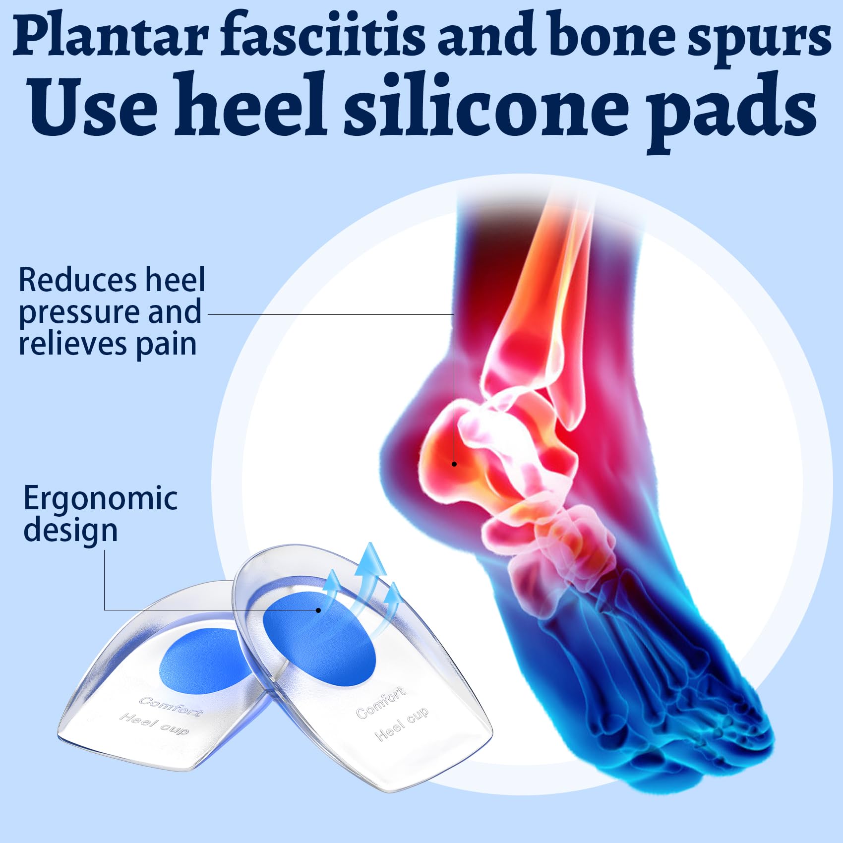 3 Pairs Silicone Gel Heel Cups for Plantar Fasciitis Relief - Shock Absorbing Heel Pads for Heel Pain, Bone Spurs & Achilles Tendon Support - Perfect for Running, Walking & Everyday Comfort