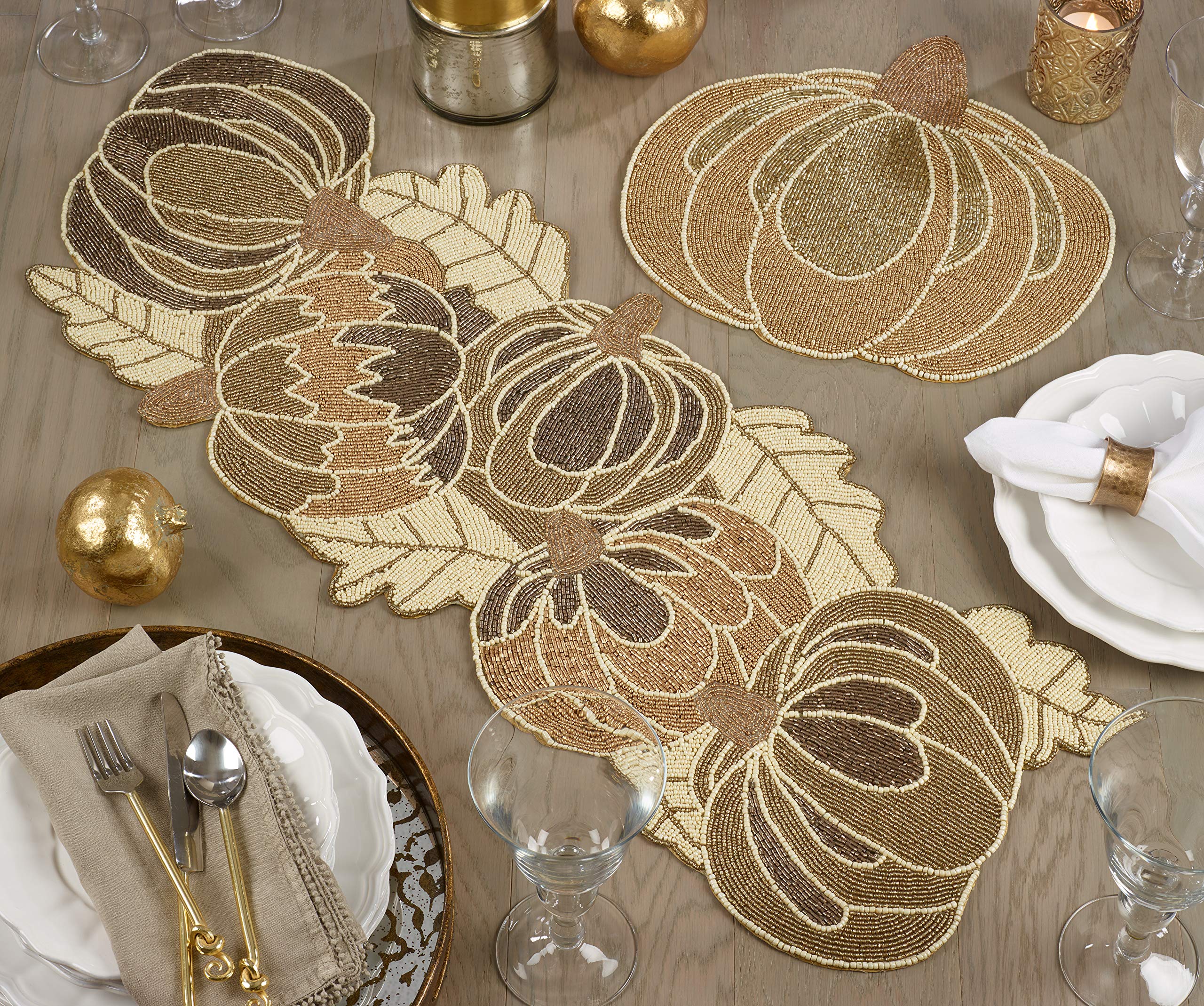 Handmade Beaded Pumpkin Placemats Set of 4 - Fall Thanksgiving Table Decor, Autumn Harvest Dining Accessories for Seasonal Home Decor & Holiday Entertaining