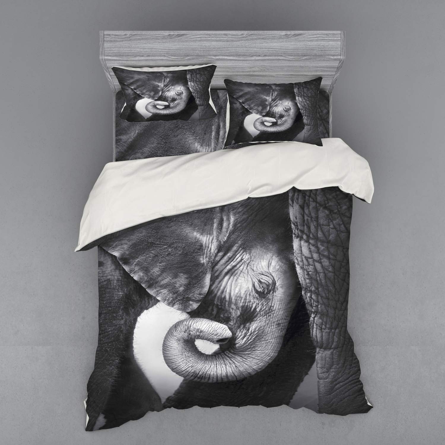 Ambesonne Animal Duvet Cover Set - Monochrome Mother Portrait Art - 3 Piece Queen Size Bedding Set with Sham & Fitted Sheet in Charcoal & Pale Grey | Cozy Home Decor for Modern Bedrooms & Guest Rooms