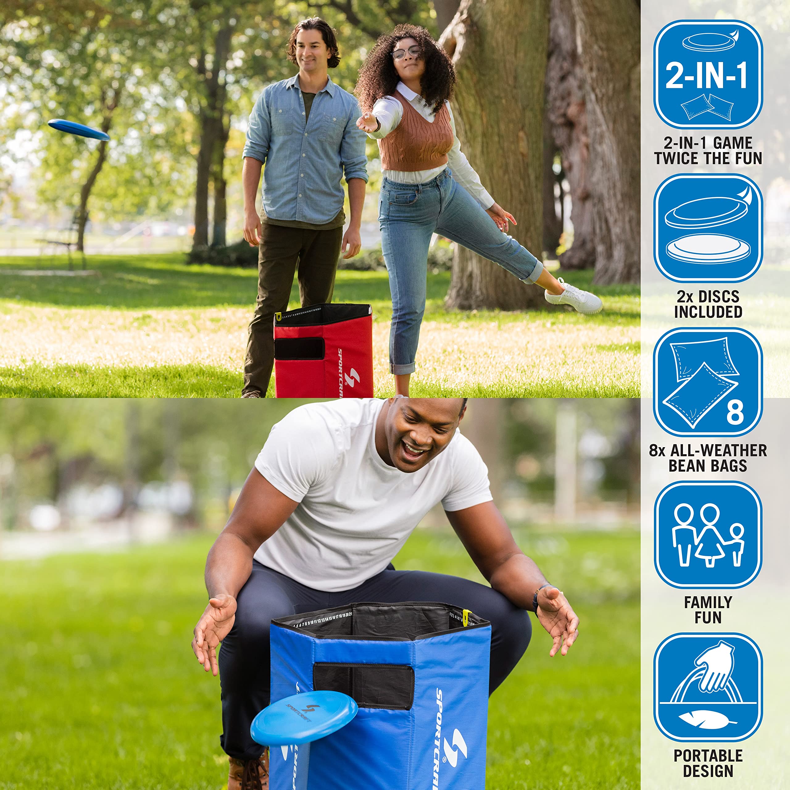 **Sportcraft 2-in-1 Folding Disc Slam & Bean Bag Toss Game Set - Red & Blue - Outdoor Backyard Party Games for Kids & Adults - Perfect for Picnics, BBQs, and Tailgating**