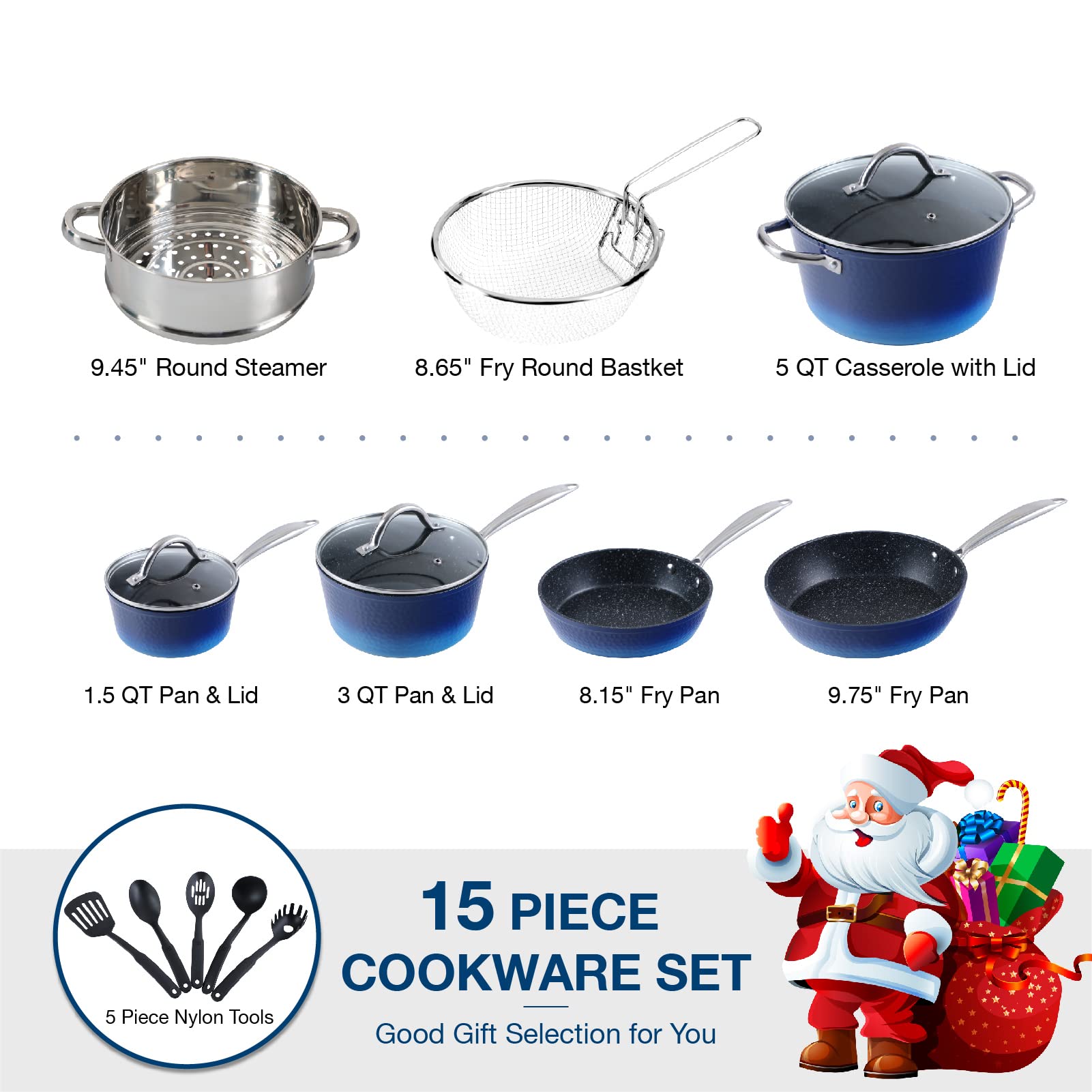 MAISON ARTS 15-Piece Nonstick Cookware Set - Granite Hammered Pots & Pans for Induction, Dishwasher, Oven & Stovetop (Blue) | Perfect for Home Cooking, Meal Prep & Professional Chefs
