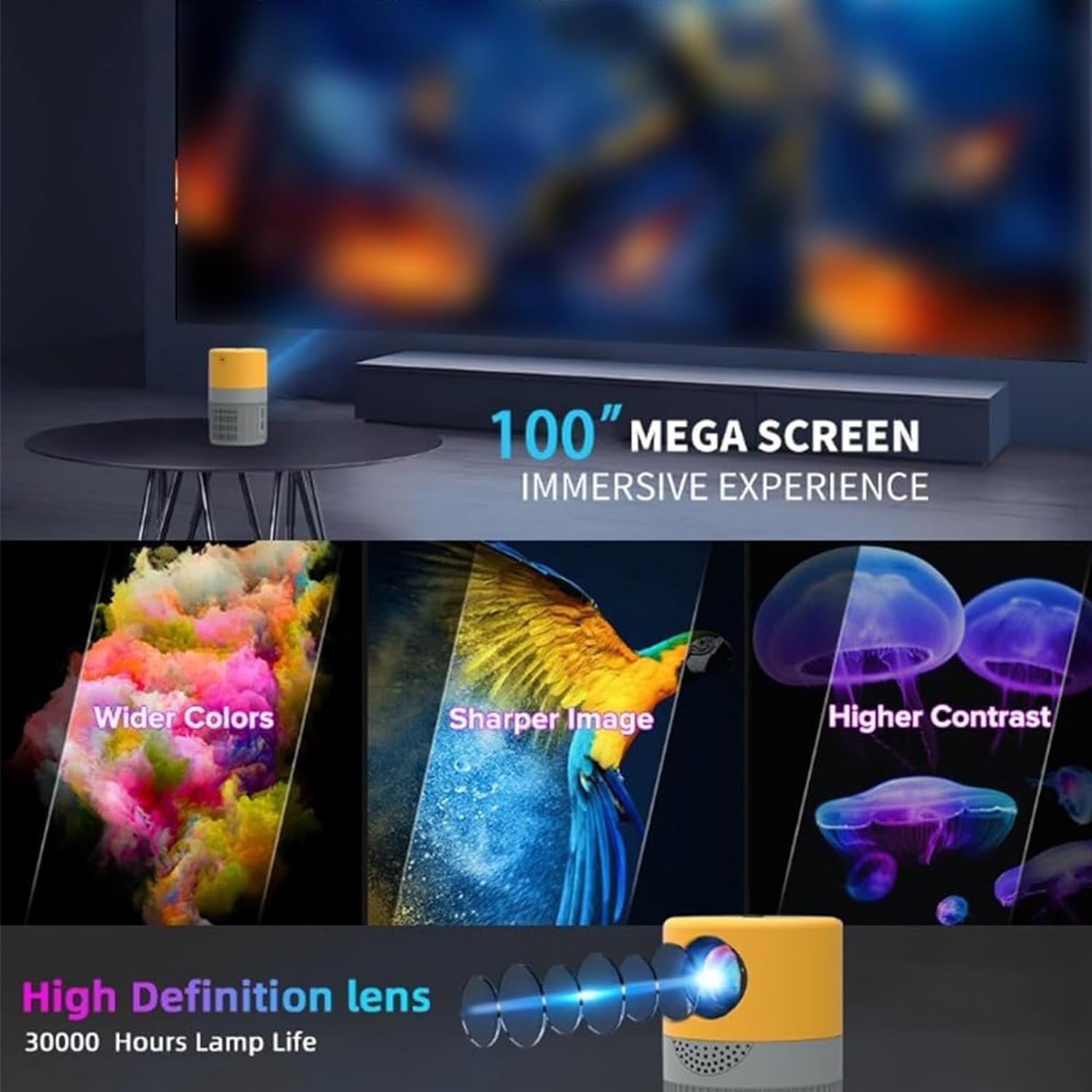 4K Ultra HD Cylinder TV Projector - Portable Mini WiFi Projector for Home Theater, Office Presentations & Outdoor Movies (Black, Same Screen Version)