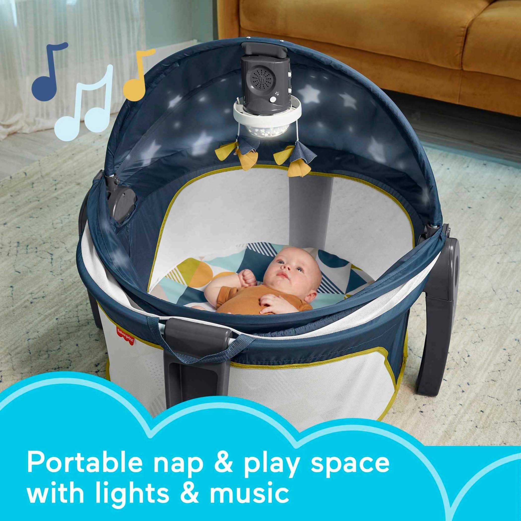 Fisher-Price Portable Baby Bassinet Deluxe - Travel Play Space for Newborns with Lights, Music & Canopy | On-The-Go Projection Dome in Cool Hues | Perfect for Travel, Nursery & Bedside Use