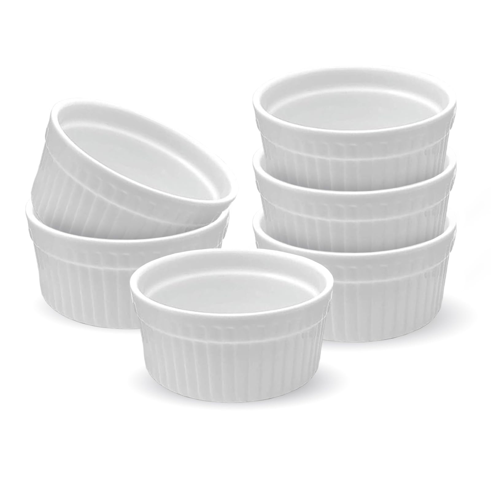 6-Piece Ceramic Ramekin Set - Non-Toxic White Porcelain Baking Cups (4 oz) - Oven & Dishwasher Safe for Desserts, Dips & Snacks - Perfect for Crème Brûlée, Soufflés & Party Appetizers