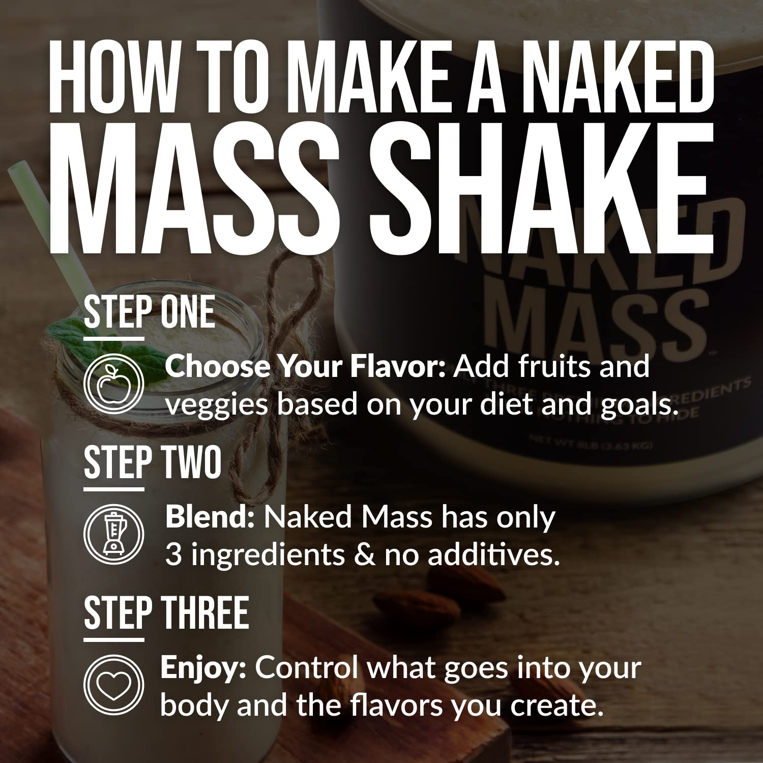 Naked Mass Natural Weight Gainer Protein Powder - 8 LB Bulk, GMO Free, Gluten Free & Soy Free, No Artificial Ingredients - 1,250 Calories per Serving | Muscle Building & Post-Workout Recovery for Athletes & Bodybuilders