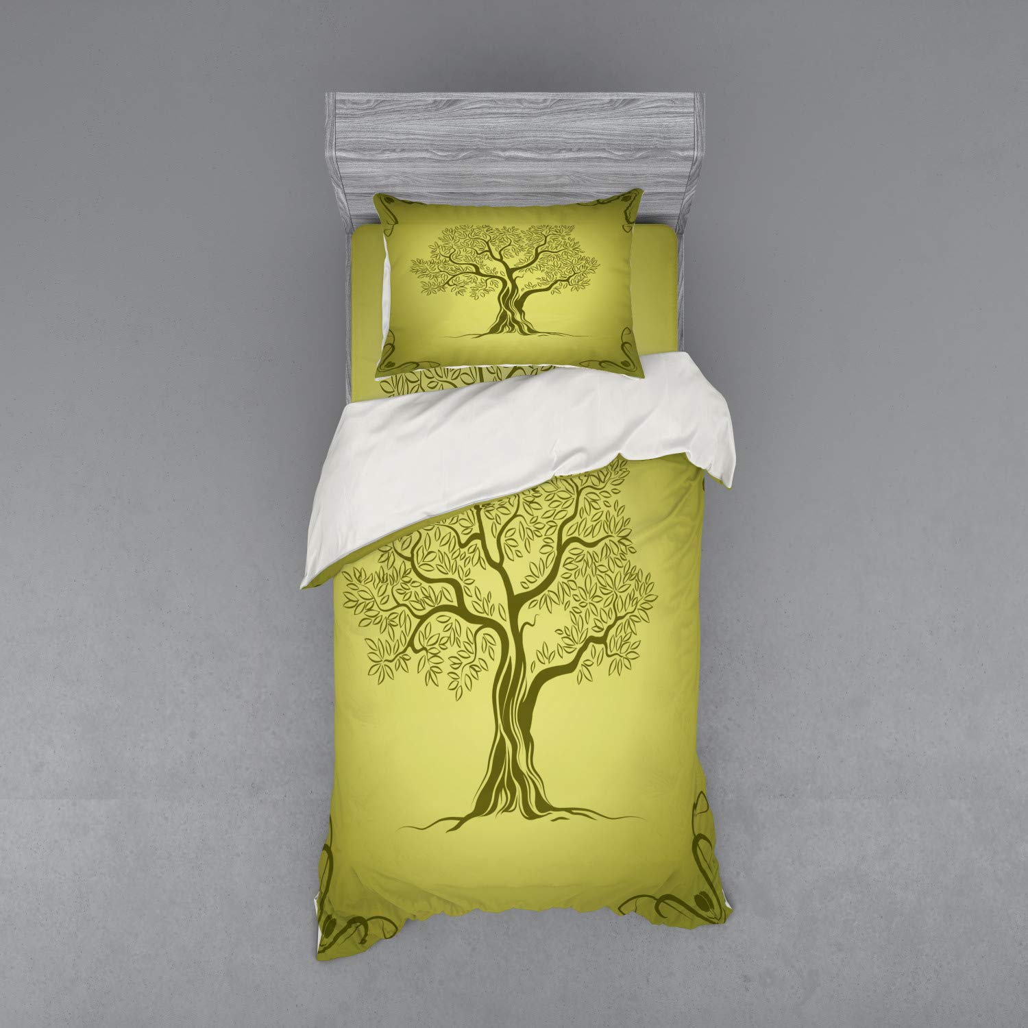 Ambesonne Olive Green Duvet Cover Set - Mediterranean Olive Tree Silhouette with Ornamental Frame, 3-Piece Twin Size Bedding Set with Sham & Fitted Sheet - Nature Inspired Home Decor for Bedroom, Guest Room & Vacation House