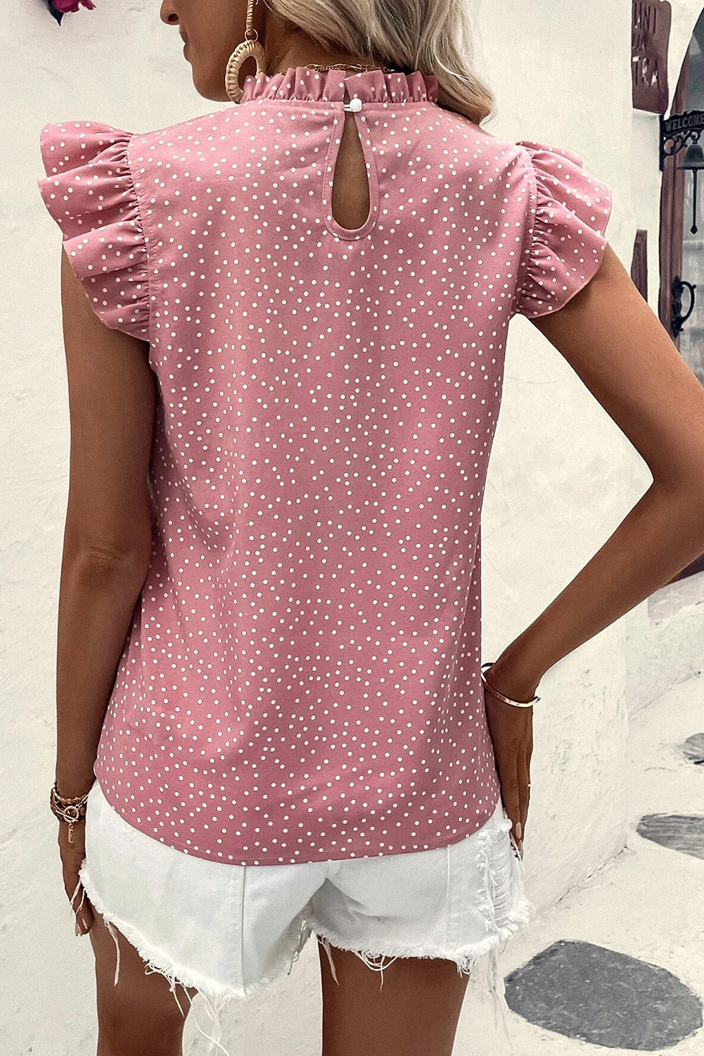 Polka Dot Cap Sleeve Summer Blouse for Women - Flirty Ruffle Top for Casual Outings, Beach Vacations & Date Nights