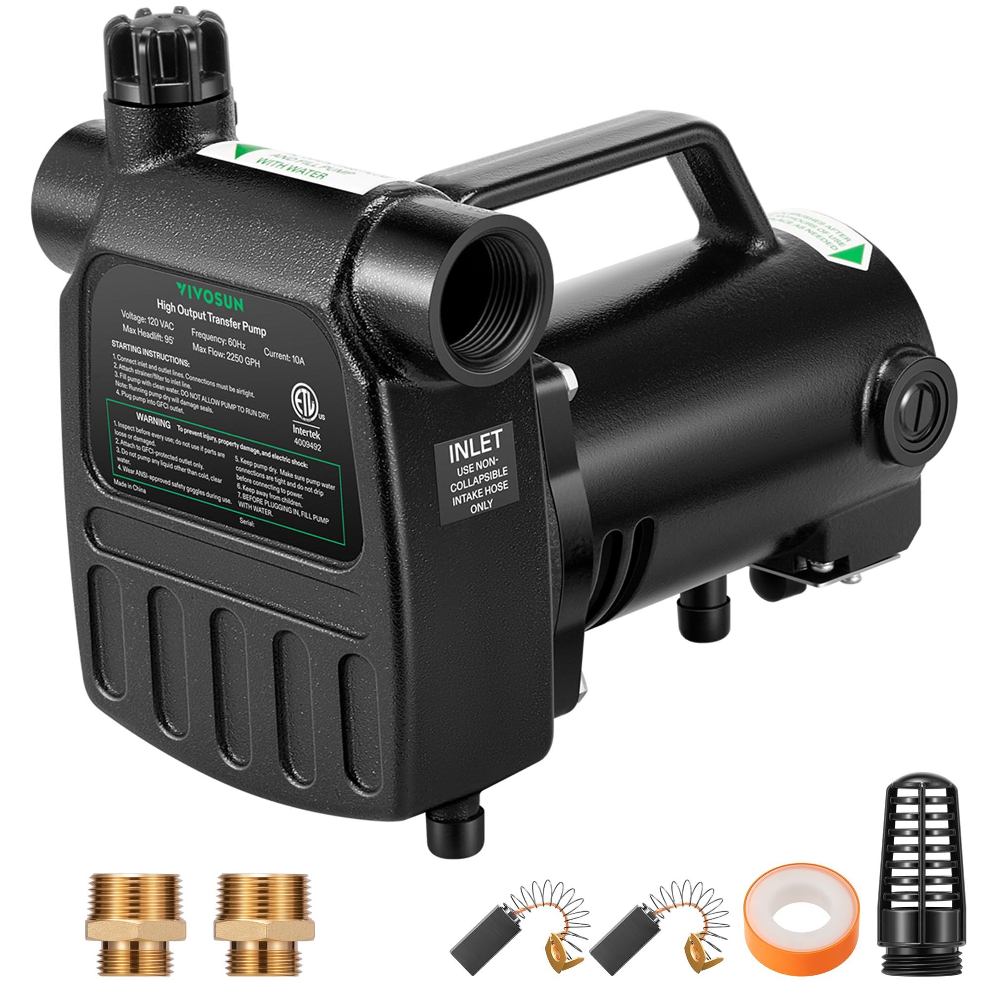 VIVOSUN 1HP 2700GPH Cast Iron Water Transfer Pump with ON/OFF Switch, Hose Adapters & Brass Connectors - Heavy Duty Utility Pump for Pool, Pond, Aquarium Water Transfer - Perfect for Draining, Flood Control & Irrigation