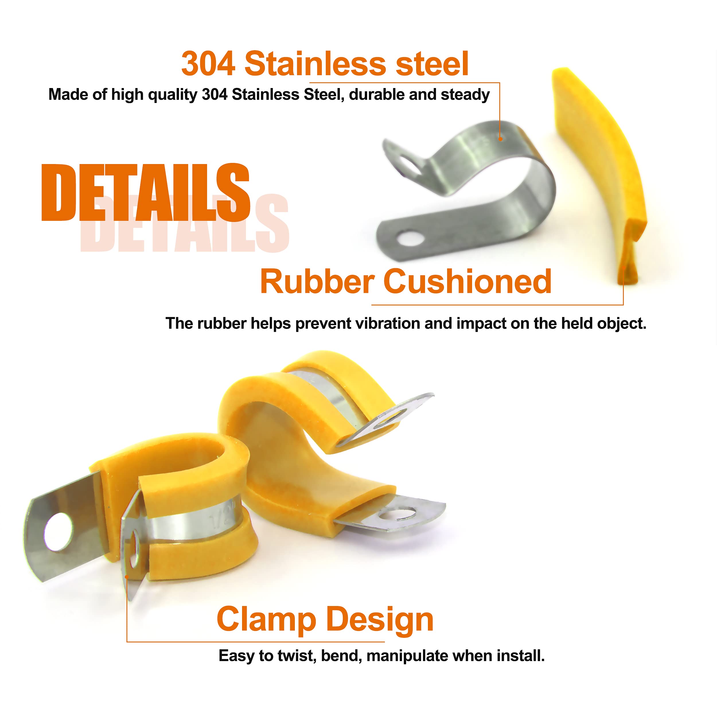 ISPINNER 52pcs Stainless Steel Cable Clamps Kit - 304 Rustproof Pipe Clamps with Rubber Cushion in 6 Sizes (1/4