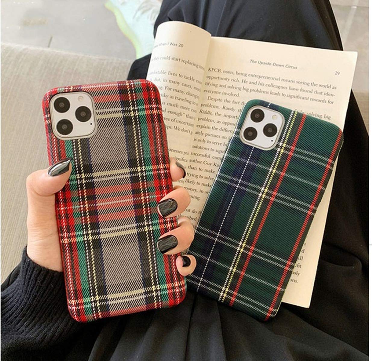 Soft Flannel Plaid Phone Case for iPhone 11/12/Pro/Max/SE/7/8/6/6S/XR/X/XS - Cozy Plush Fabric Cover with Anti-Slip Grip (Red) - Perfect for Winter, Home & Office Use