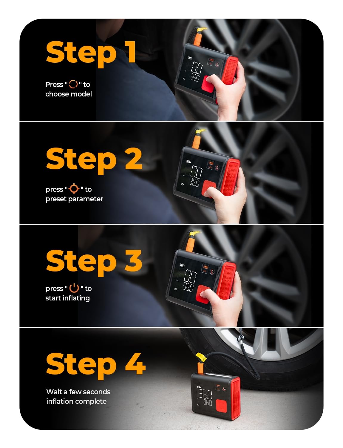 LISEN 150 PSI Portable Tire Inflator - 12V DC Air Compressor for Car, Truck, SUV & Bike with 25,000mAh Battery | 4-in-1 Digital Tire Pump for Emergency Roadside Assistance & Home Garage Use