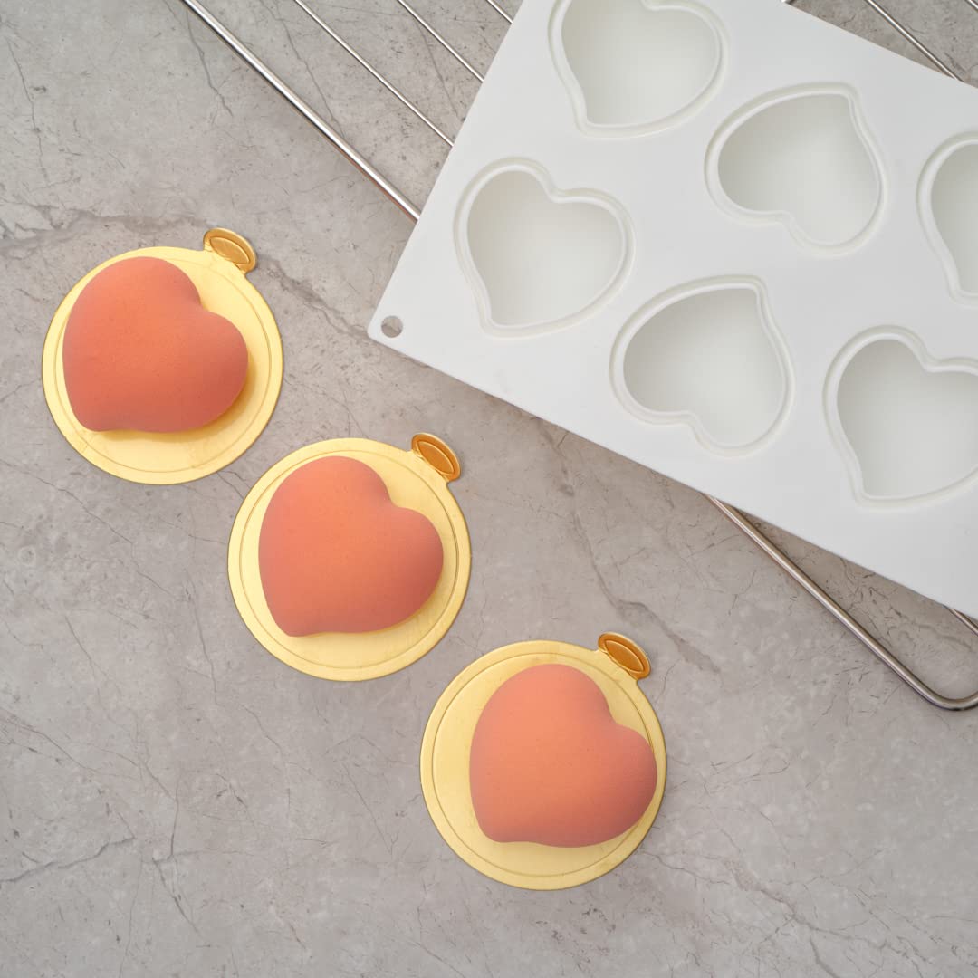 Restaurantware Pastry Tek 8-Cavity Heart Molds - 10 Oven-Safe Heart Pans, Flexible & Freezer-Safe White Silicone Baking Molds for Easy Release | Perfect for Valentine's Day, Wedding Cakes, Cupcakes & Chocolate Desserts