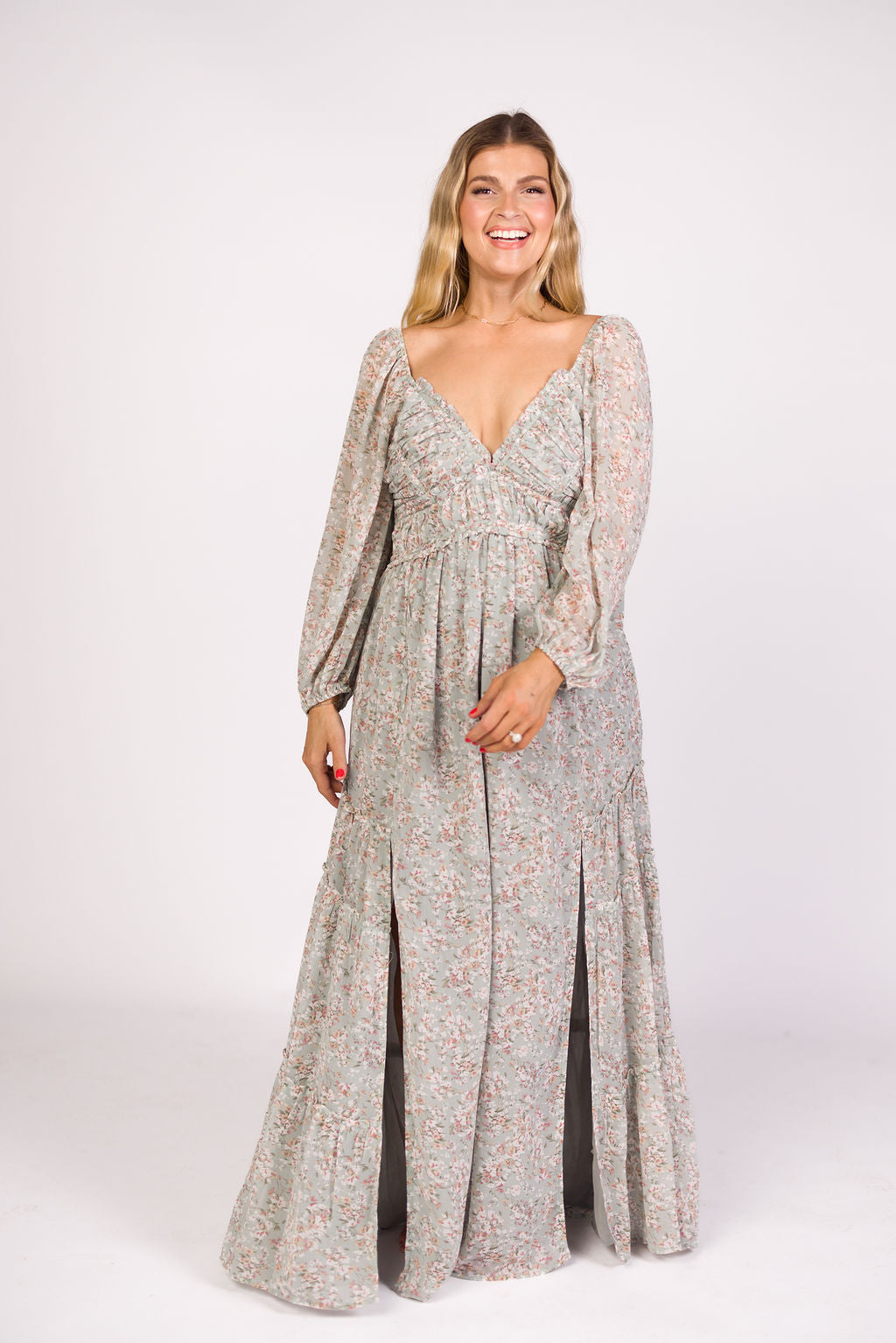 **Daphne Long Sleeve Maxi Dress - Floral Print in Sage, Pink & Ivory | Bump Friendly & Inclusive Sizing (XS-3XL) | Perfect for Maternity, Weddings & Casual Wear**