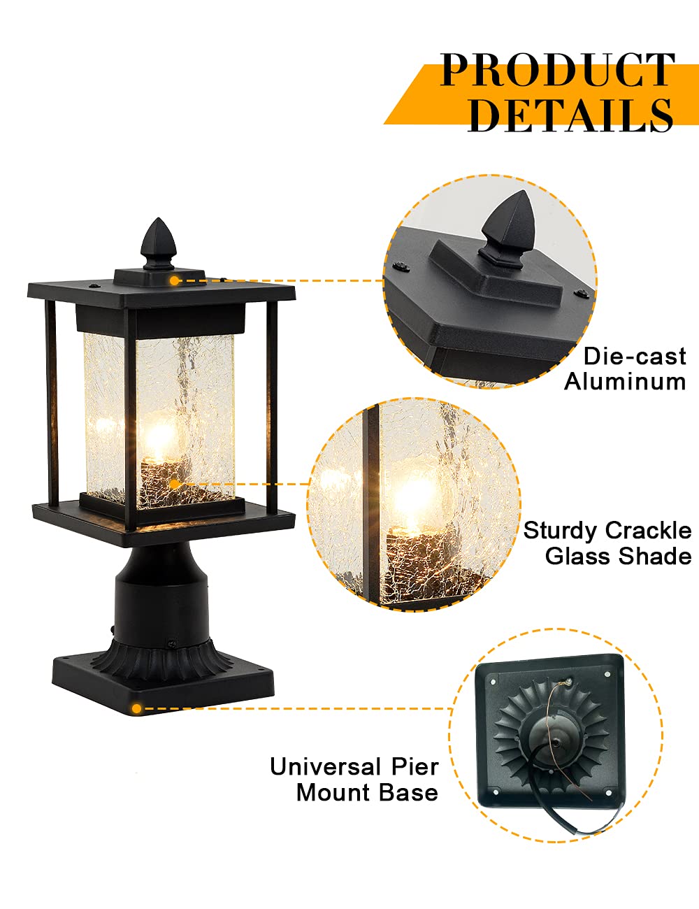 Outdoor Post Lights - Waterproof Hardwired Pier Lantern with Crackle Glass & Aluminum Exterior, 3-Inch Pole Mount Adapter - Perfect for Driveway, Garden, Patio, and Walkway Lighting