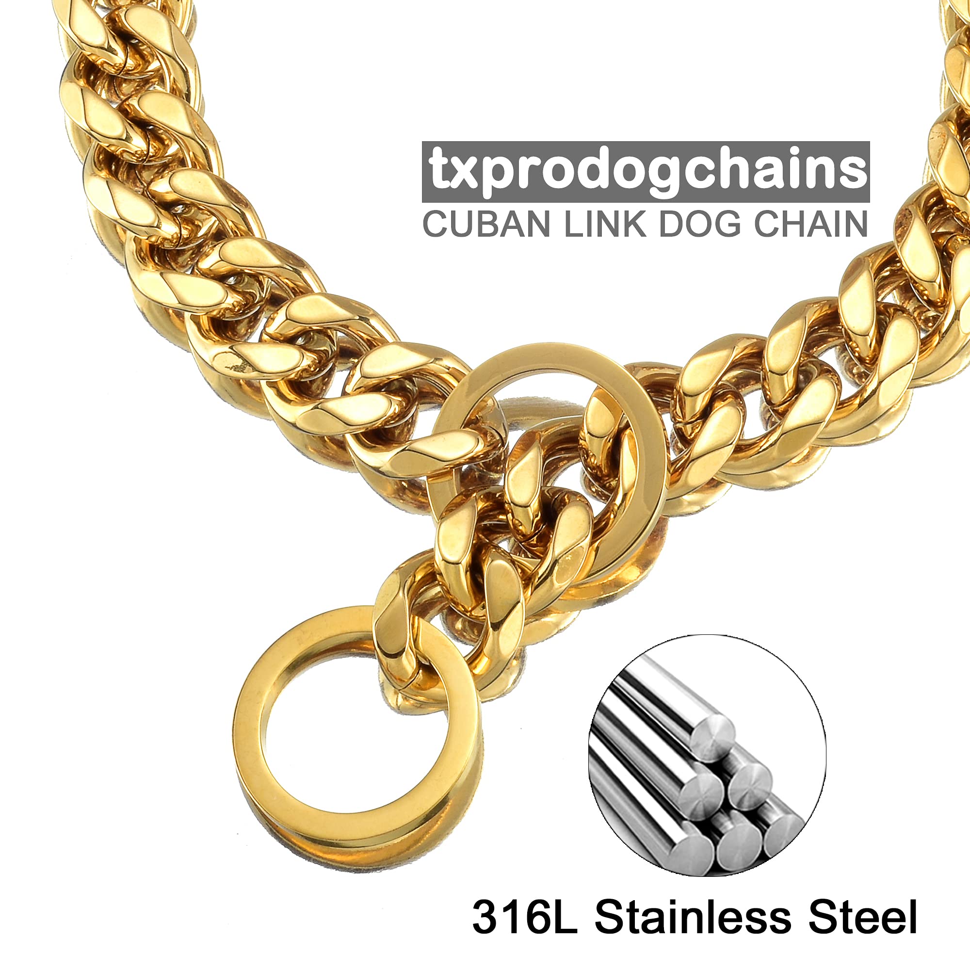 TXPRODOGCHAINS Chew Proof Gold Dog Collar - 15mm Thick Heavy Duty Stainless Steel Cuban Link Chain Collar for Small, Medium & Large Dogs - Perfect for Training, Walking & Outdoor Adventures
