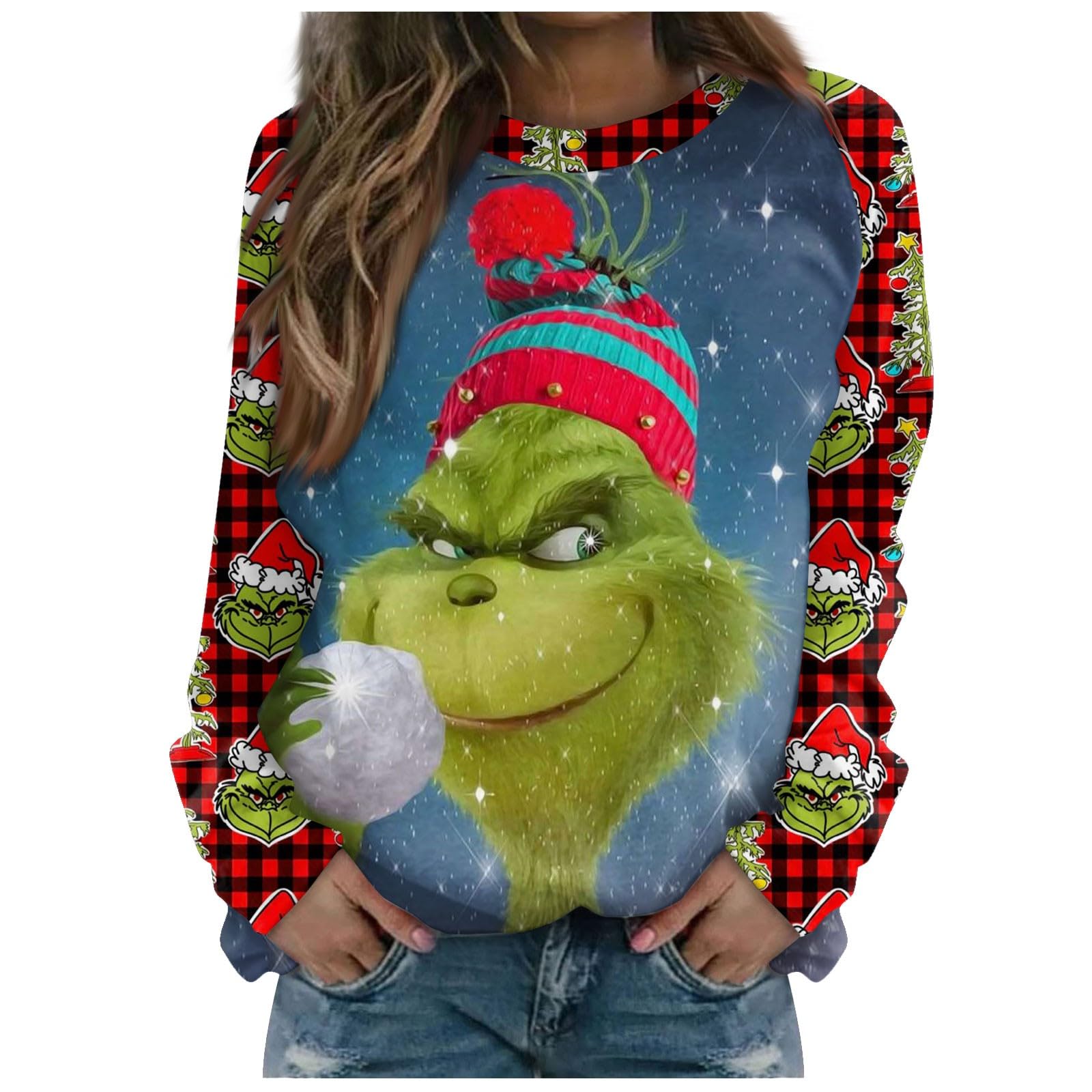 Women's Christmas Costume Pullover Tops - Crew Neck Long Sleeve Blouses for Holiday Parties & Fall Fashion 2023 | Cozy Winter Outfits for Xmas Gatherings & Office Celebrations