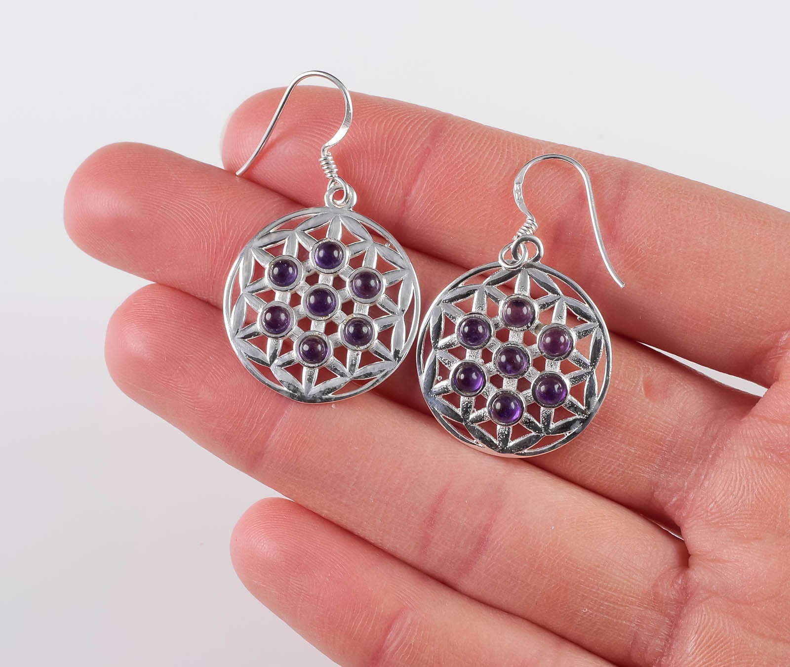 Amethyst Crystal Statement Earrings - Sacred Geometry Flower of Life Dangle Earrings with Healing Stones | Spiritual Jewelry for Meditation, Yoga & Energy Healing