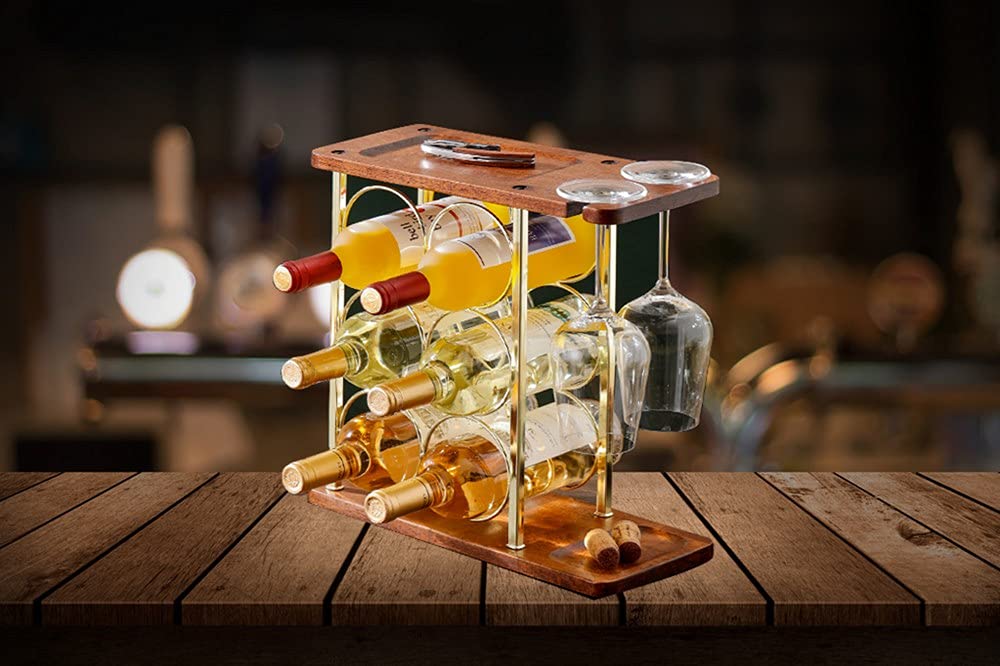Premium Wooden Wine Rack with Glass Holder - 6 Bottle & 2 Glass Countertop Storage Organizer - Rustic Home Bar Decor for Kitchen, Dining Room & Wine Cellar - Perfect for Entertaining & Wine Display