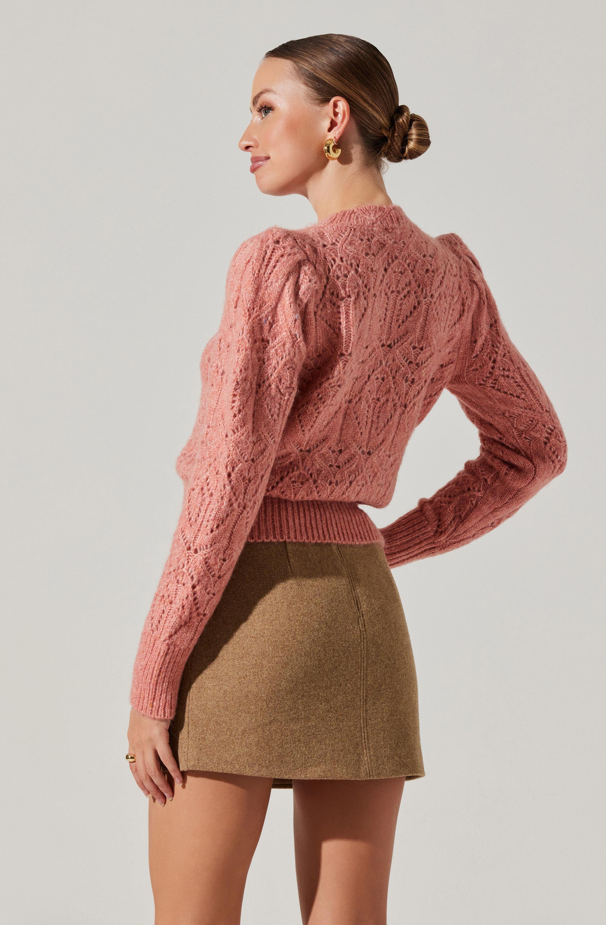 Evy Pointelle Puff Sleeve Sweater - Women's Knit Pullover with Lace Detailing for Fall & Winter | Cozy Office Wear & Casual Outfits