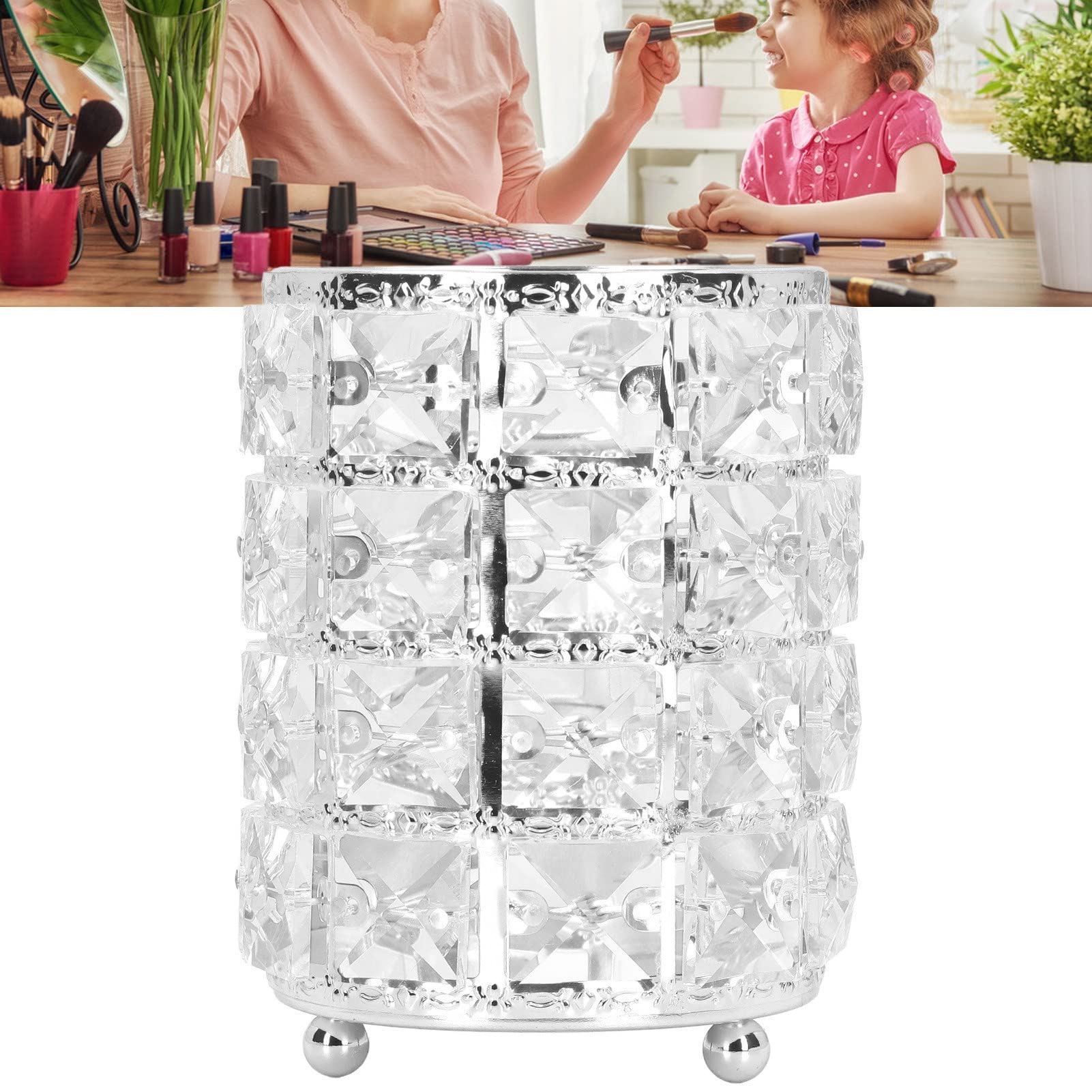 European Style Rounded Crystal Glass Cosmetic Organizer - Acrylic Makeup Brush Holder & Clear Pen Pencil Case for Bathroom, Home, Bedroom, Office (Silver) | Perfect for Makeup Storage, Desk Organization and Travel Beauty Essentials